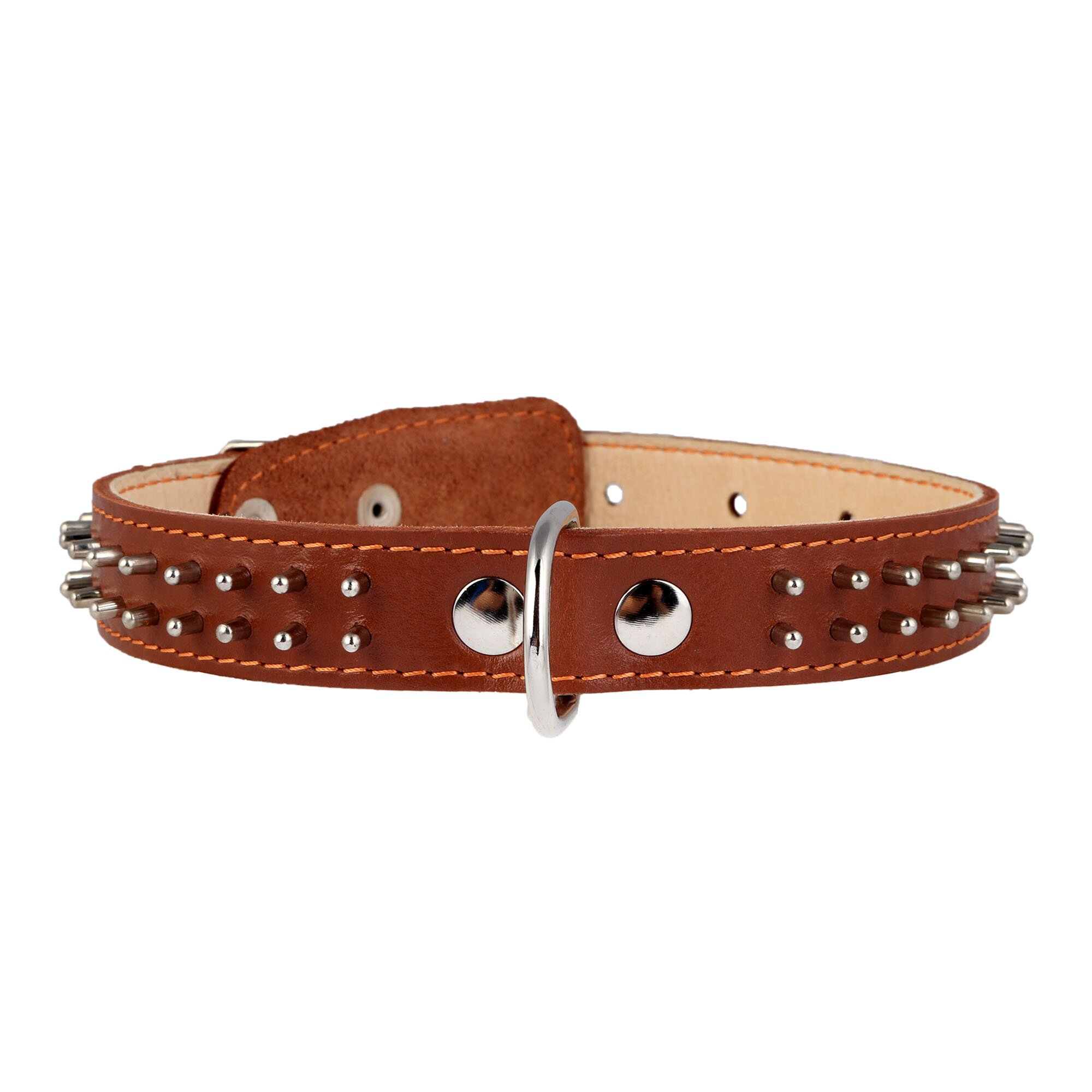 Ошейник Collar кожаный двойной с шипами в два ряда 47-62 см / 35 мм (коричневый, черный)