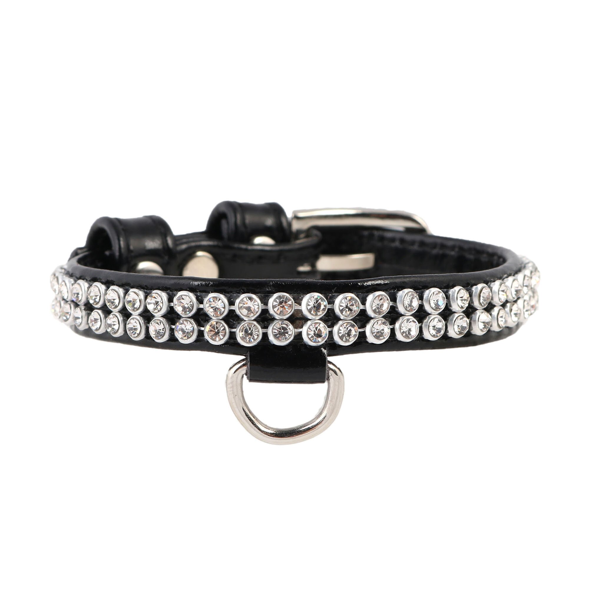 Ошейник Collar кожаный, лакированный, со стразами в два ряда «Brilliance» (Бриллианс) 19-25 см / 9 мм (черный)