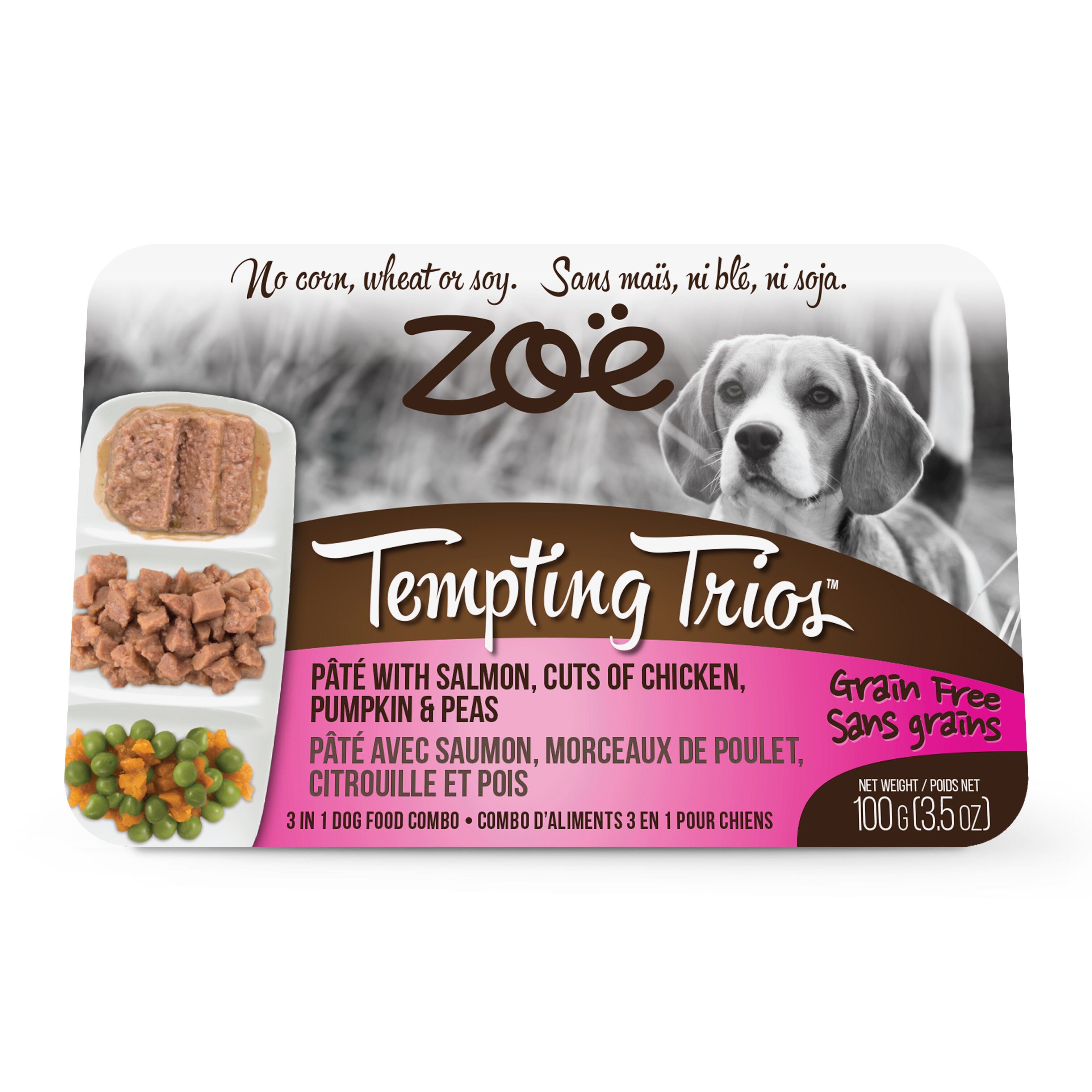 Влажный корм для собак ZOE Tempting Trios 100 г (паштет из лосося с кусочками курицы, тыквой и горошком)