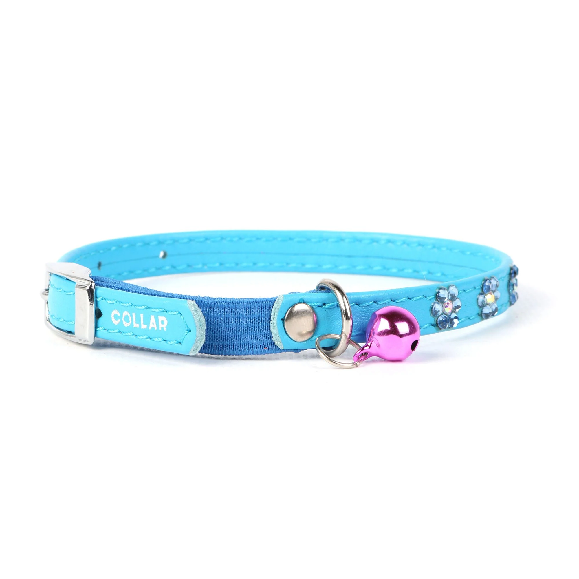Ошейник Collar кожаный с цветочками и резинкой «Glamour» (Гламур) 22-30 см / 9 (голубой)