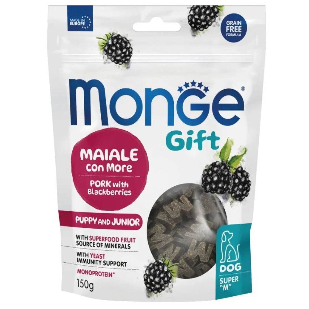 Ласощі для цуценят Monge Gift Puppy and Junior 150 г - свинина та ожина Ласощі для цуценят Monge Gift Puppy and Junior 150 г - свинина та ожина