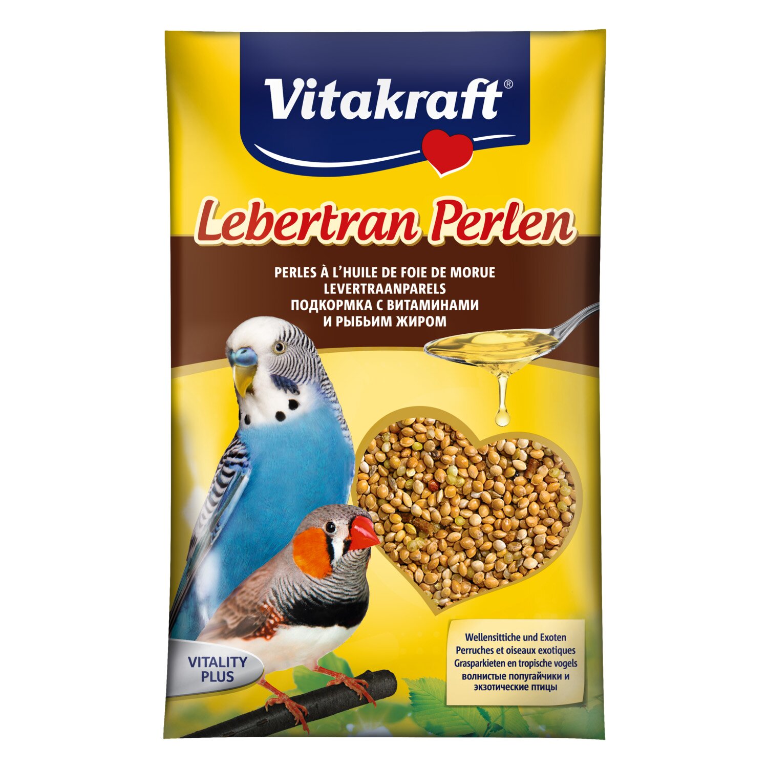 Вітаміни для хвилястих папуг та екзотичних птахів Vitakraft «Lebertran Perlen» з риб'ячим жиром, насіння 20 г (мультивітамін)