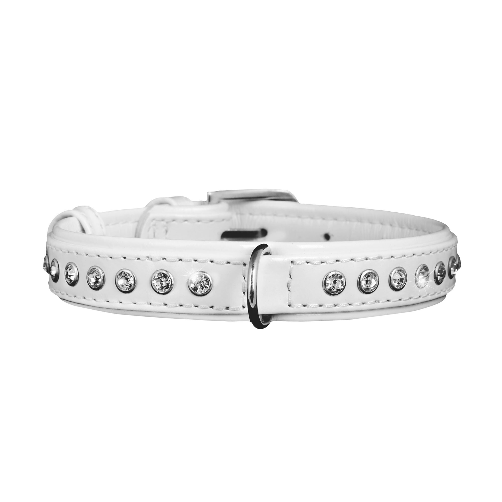 Ошейник Collar кожаный, лакированный, с крупными стразами «Brilliance» (Бриллианс) 27-36 см / 15 мм (белый)
