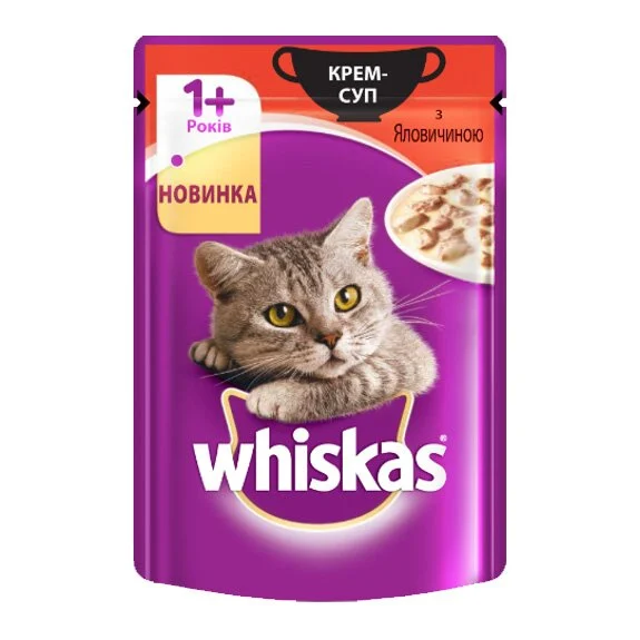 Влажный корм для кошек Whiskas 85 г — крем-суп с говядиной Влажный корм для кошек Whiskas 85 г — крем-суп с говядиной