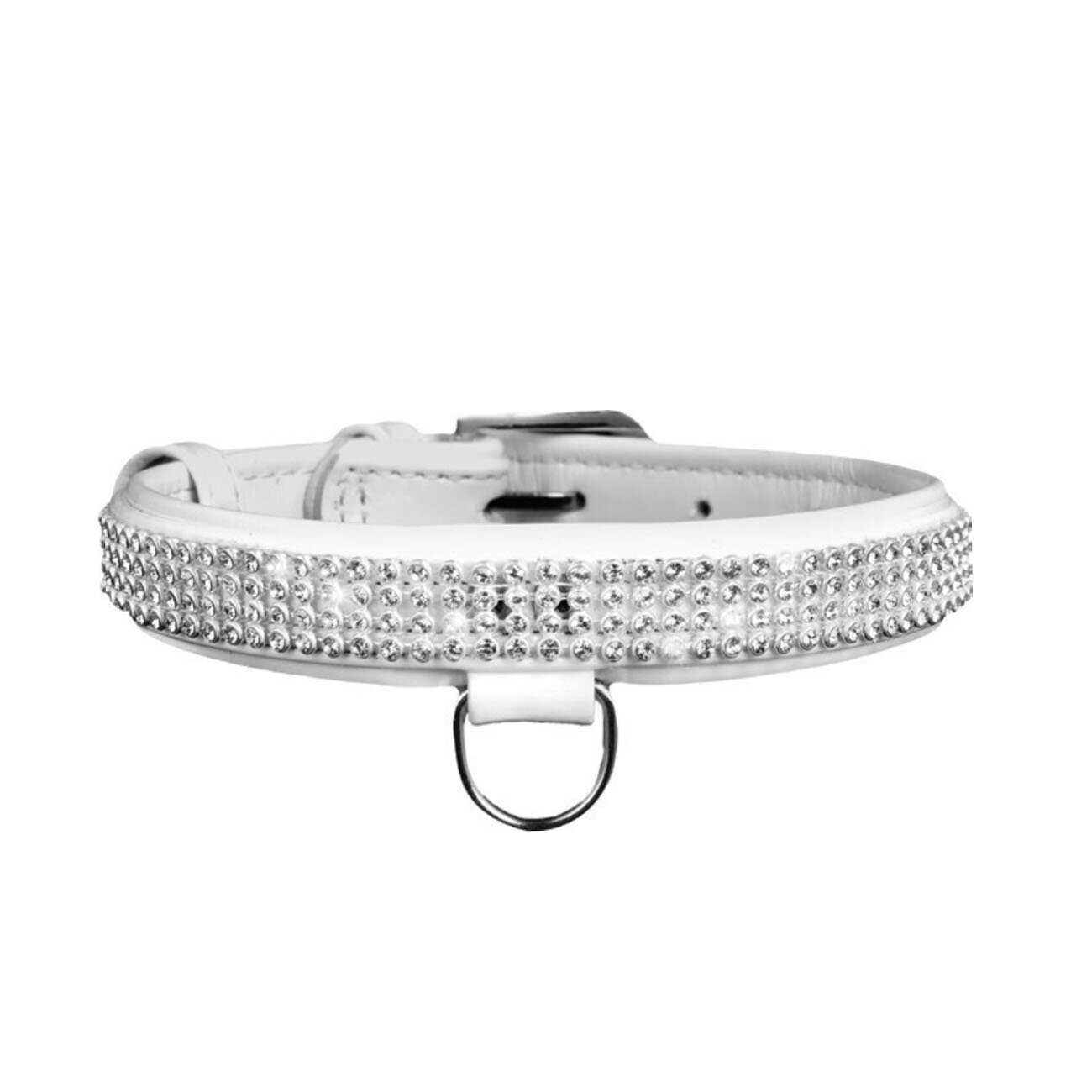 Ошейник Collar кожаный, лакированный, со стразами в четыре ряда «Brilliance» (Бриллианс) 27-36 см / 15 мм (белый)