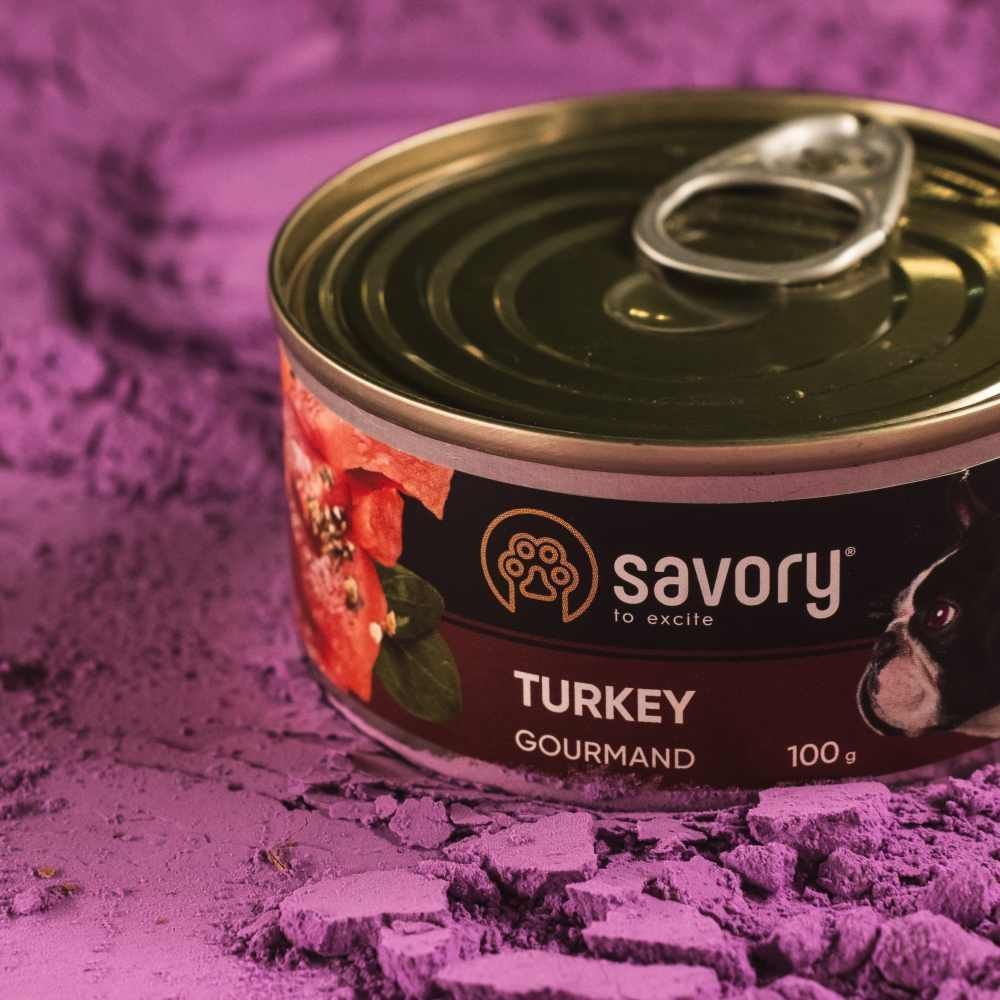 Упаковка вологого корму для собак Savory Adult 12 шт х 100 г - індичка