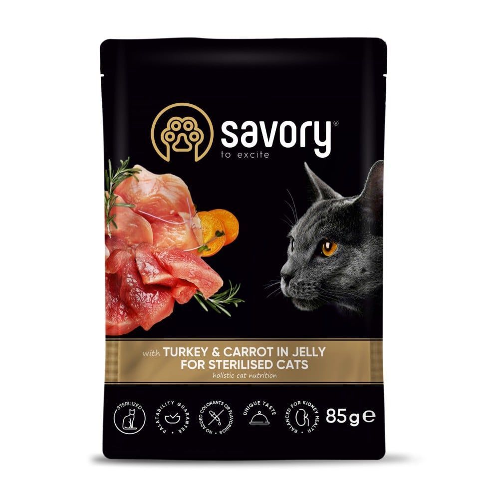 Упаковка вологого корму для котів Savory Sterilized 22 шт х 85 г - індичка та морква Упаковка вологого корму для котів Savory Sterilized 22 шт х 85 г - індичка та морква