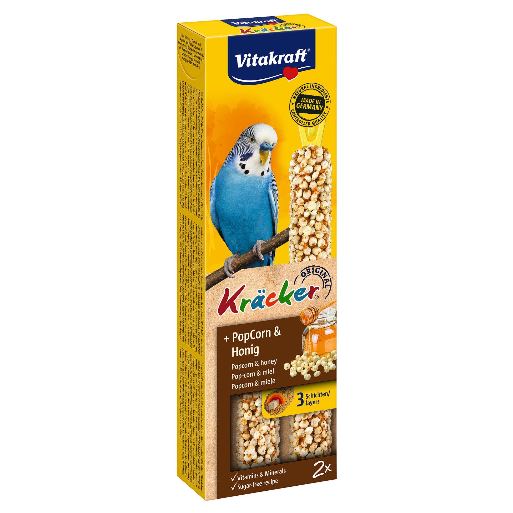 Ласощі для хвилястих папуг Vitakraft «Kracker Original + Popcorn & Honey» 44 г / 2 шт. (мед та попкорн)