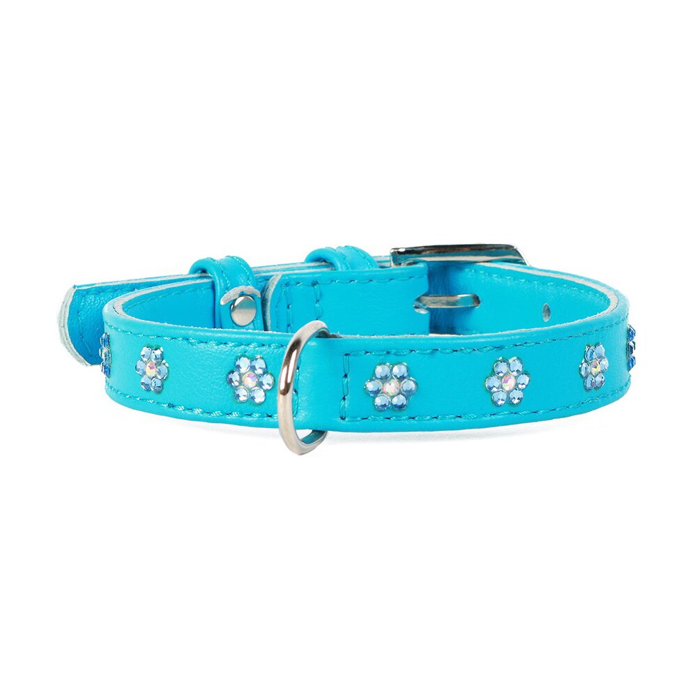 Ошейник Collar кожаный с цветочками «Glamour» (Гламур) 27-36 см / 15 мм (голубой)