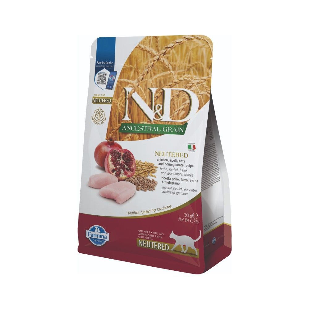 Сухий корм для котів Farmina N&D Ancestral Grain Neutered Adult 300 г - курка, овес, спельта та гранат Сухий корм для котів Farmina N&D Ancestral Grain Neutered Adult 300 г - курка, овес, спельта та гранат