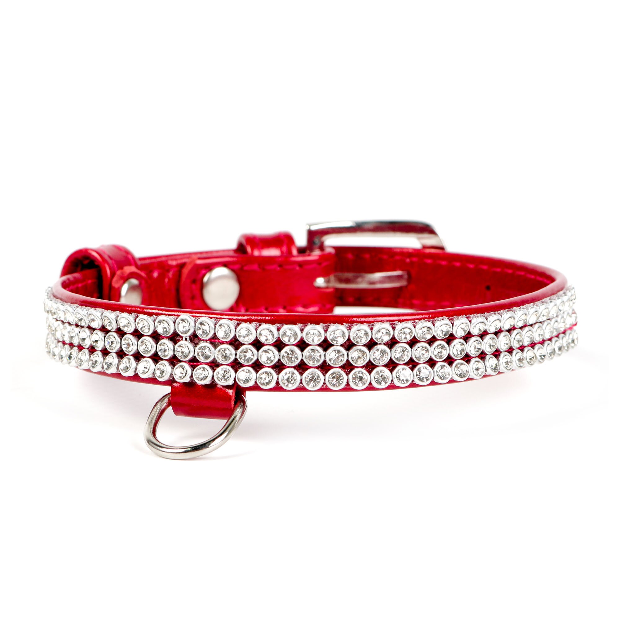 Ошейник Collar кожаный, лакированный, со стразами в три ряда «Brilliance» (Бриллианс) 21-29 см / 12 мм (красный, синий)