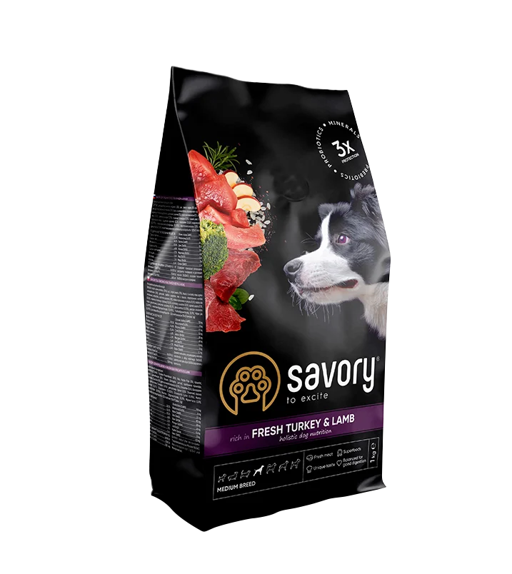 Сухий корм для собак Savory Medium Breed 1 кг - індичка та ягня Сухий корм для собак Savory Medium Breed 1 кг - індичка та ягня