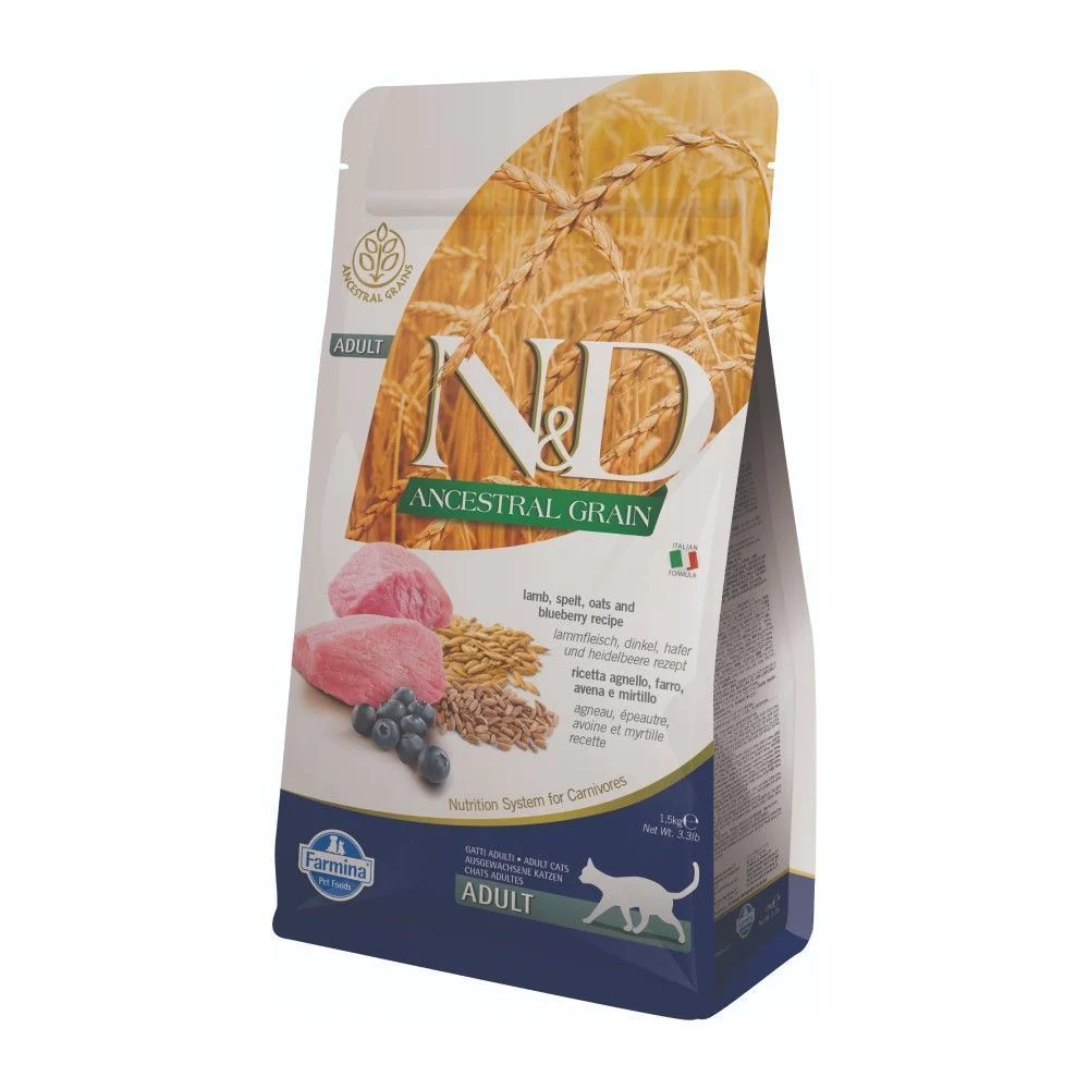 Сухой корм для кошек Farmina N&D Ancestral Grain Adult 1,5 кг - ягненок, овес, спельта и черника Сухой корм для кошек Farmina N&D Ancestral Grain Adult 1,5 кг - ягненок, овес, спельта и черника