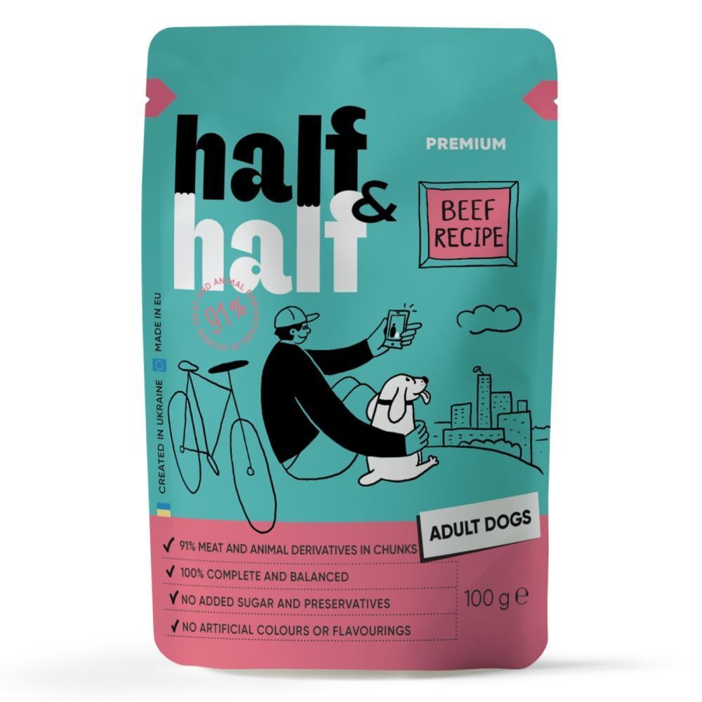 Упаковка вологого корму для собак Half&Half Adult 5+1 шт х 100 г - яловичина