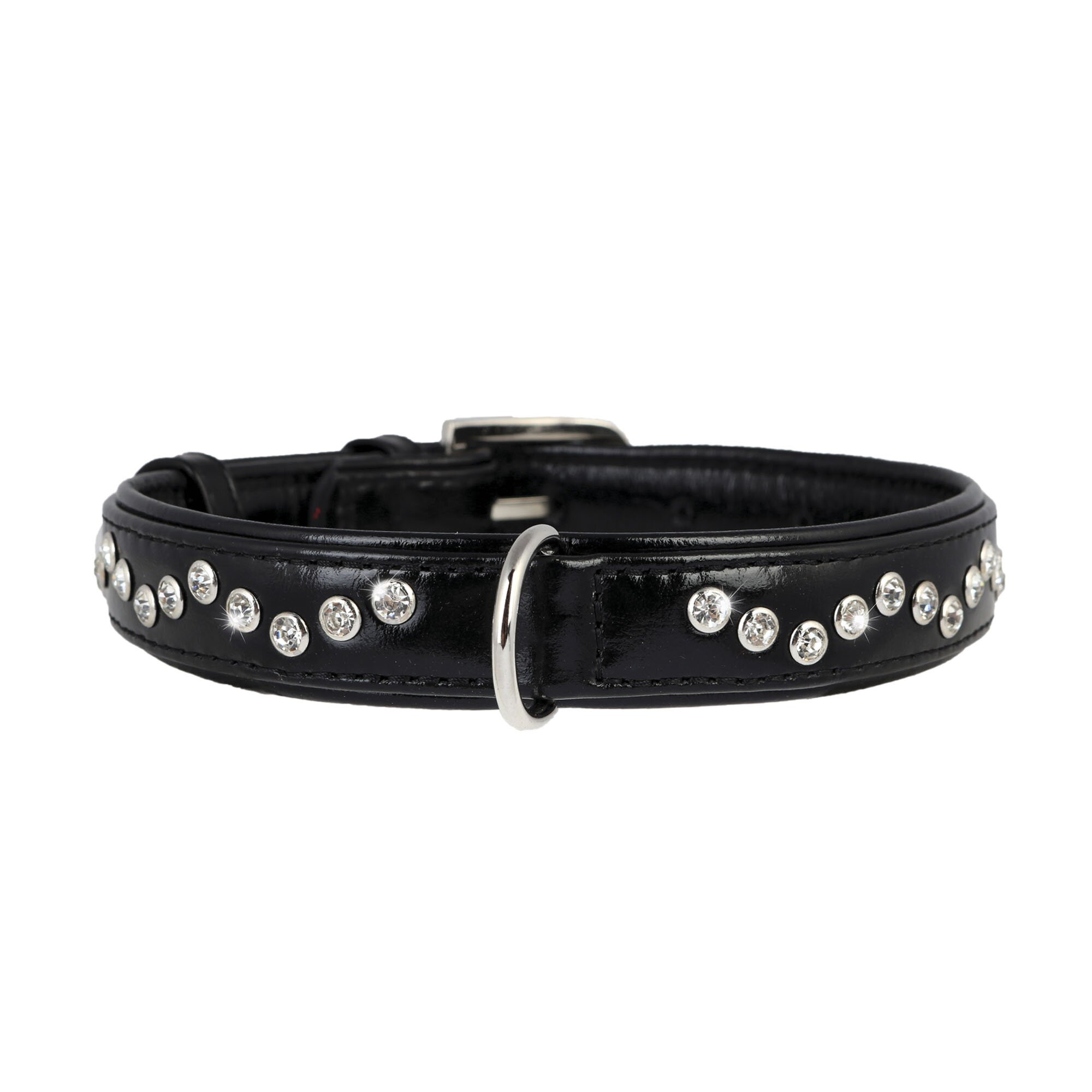 Ошейник Collar кожаный, лакированный, с крупными стразами в виде зигзага «Brilliance» (Бриллианс) 38-49 см / 25 мм (черный)