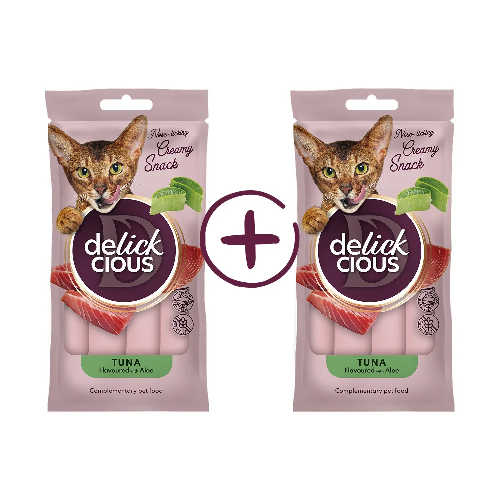 Ласощі для котів Delickcious Creamy Snack 1+1 шт 120 г - тунець та алоє Ласощі для котів Delickcious Creamy Snack 1+1 шт 120 г - тунець та алоє