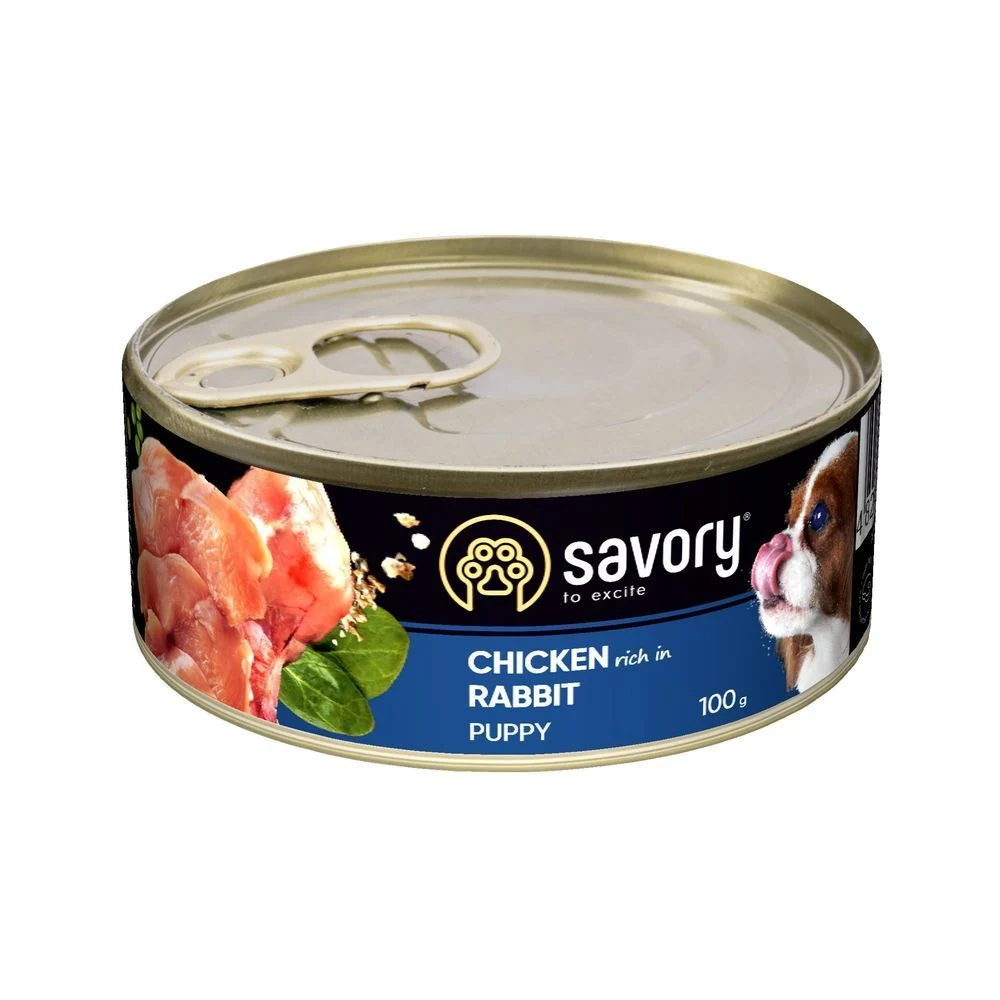 Упаковка вологого корму для цуценят Savory Puppy 12 шт х 100 г - курка і кролик Упаковка вологого корму для цуценят Savory Puppy 12 шт х 100 г - курка і кролик