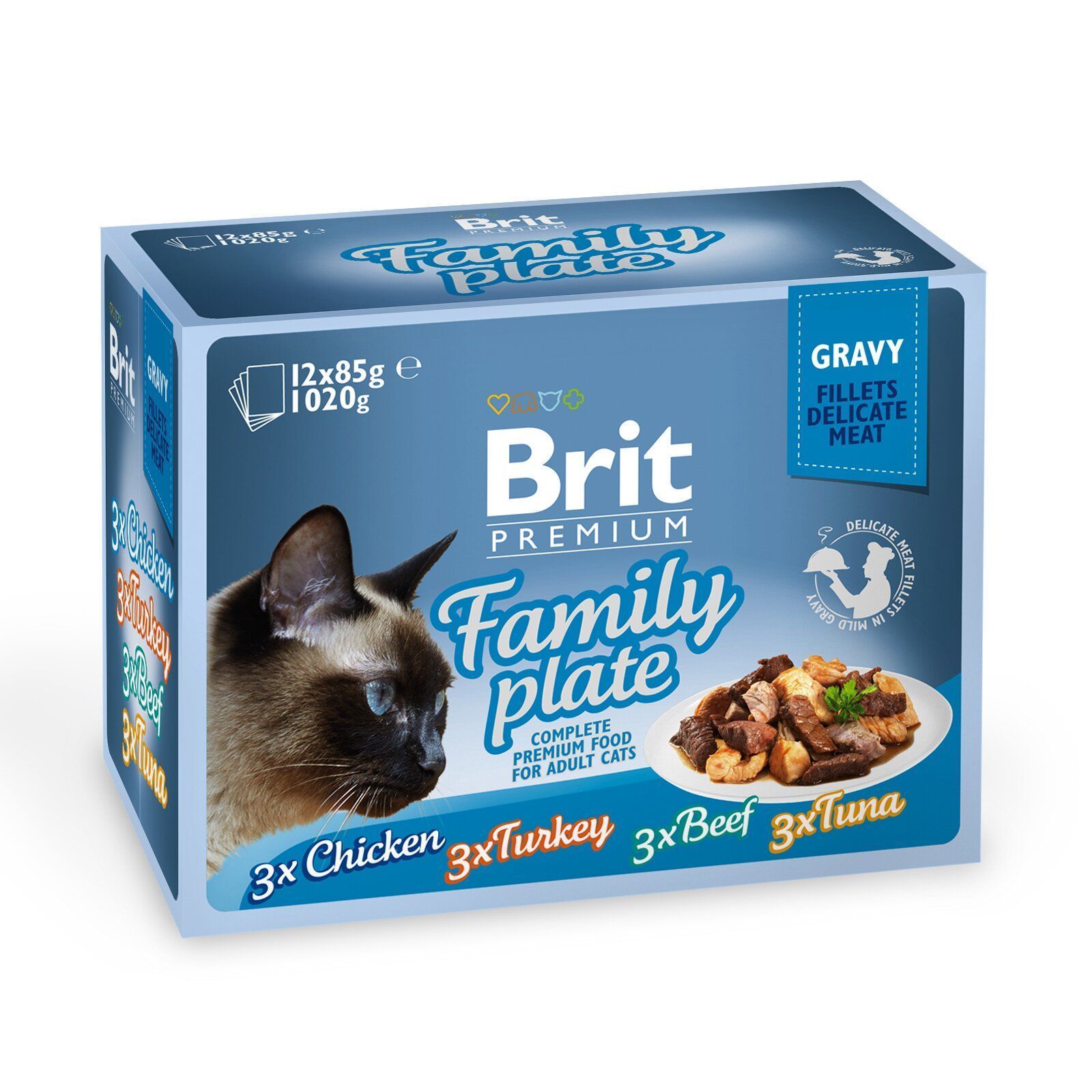 Набір вологого корму для котів Brit Premium Family Plate Gravy 12 шт х 85 г - курка, індичка, яловичина та тунець