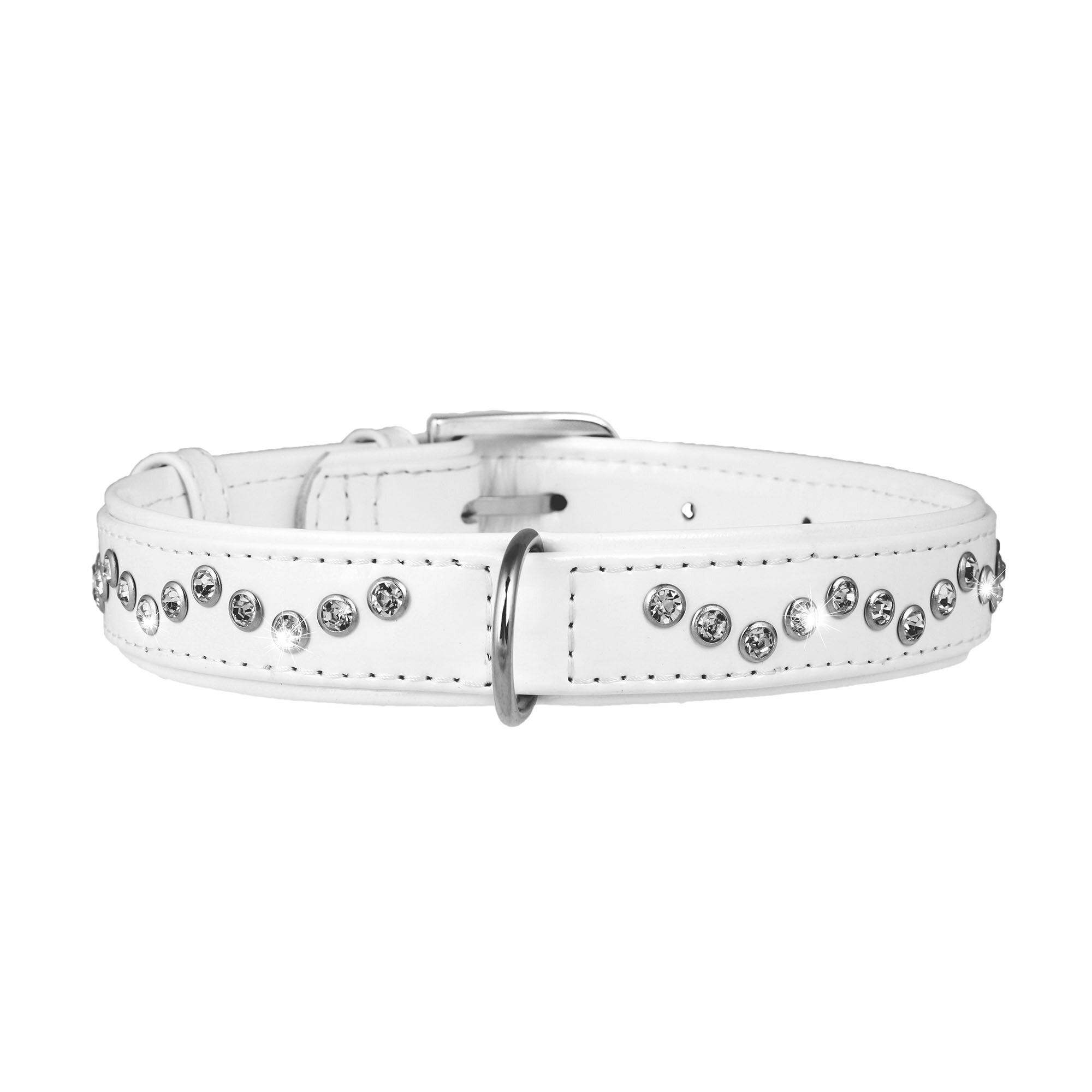 Ошейник Collar кожаный, лакированный, с крупными стразами в виде зигзага «Brilliance» (Бриллианс) 38-49 см / 25 мм (белый)