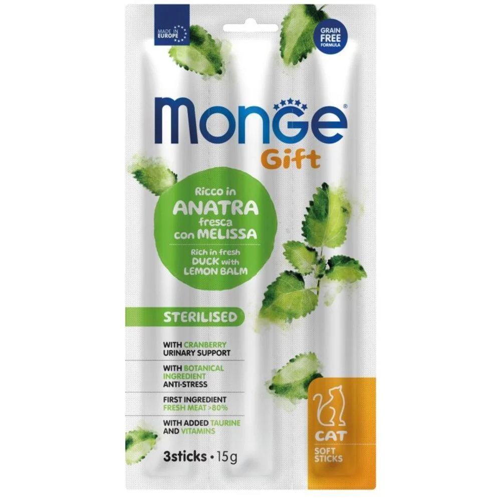 Ласощі для котів Monge Gift Sterilised 15 г - качка та меліса Ласощі для котів Monge Gift Sterilised 15 г - качка та меліса