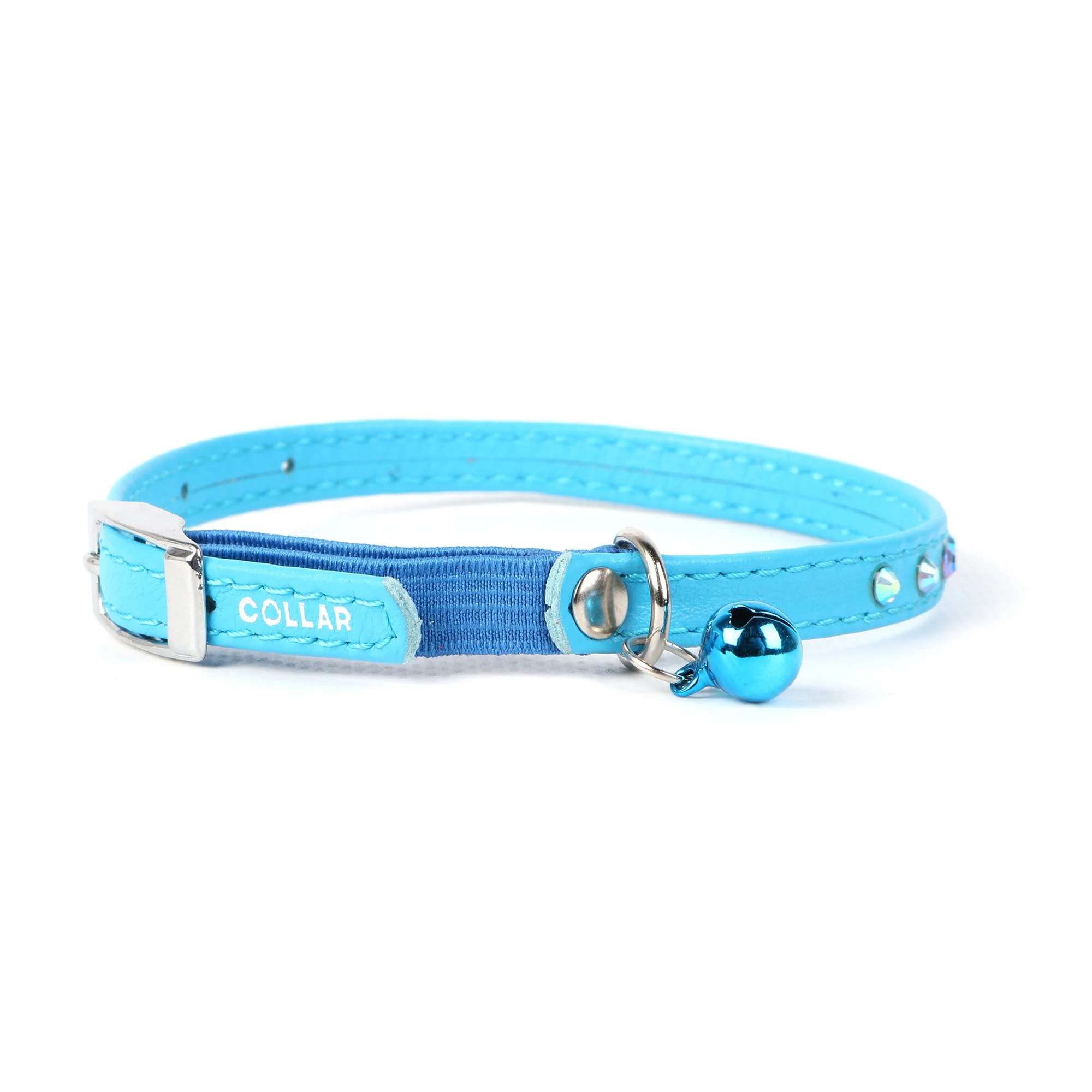 Ошейник Collar кожаный со стразами и резинкой «Glamour» (Гламур) 22-30 см / 9 (голубой)