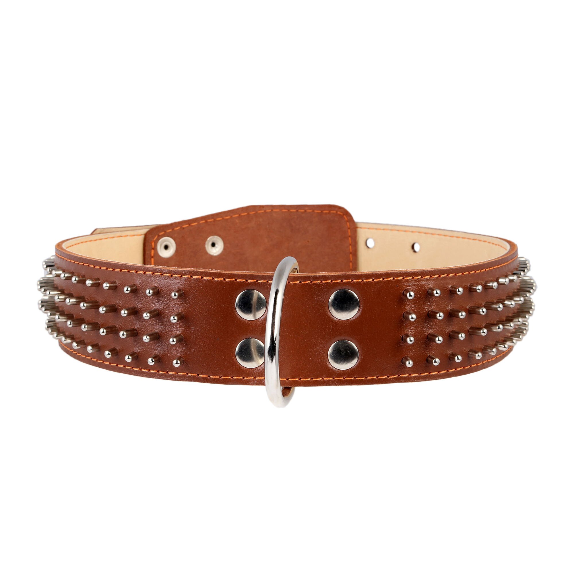 Ошейник Collar кожаный двойной с шипами в четыре ряда 57-69 см / 45 мм (коричневый)