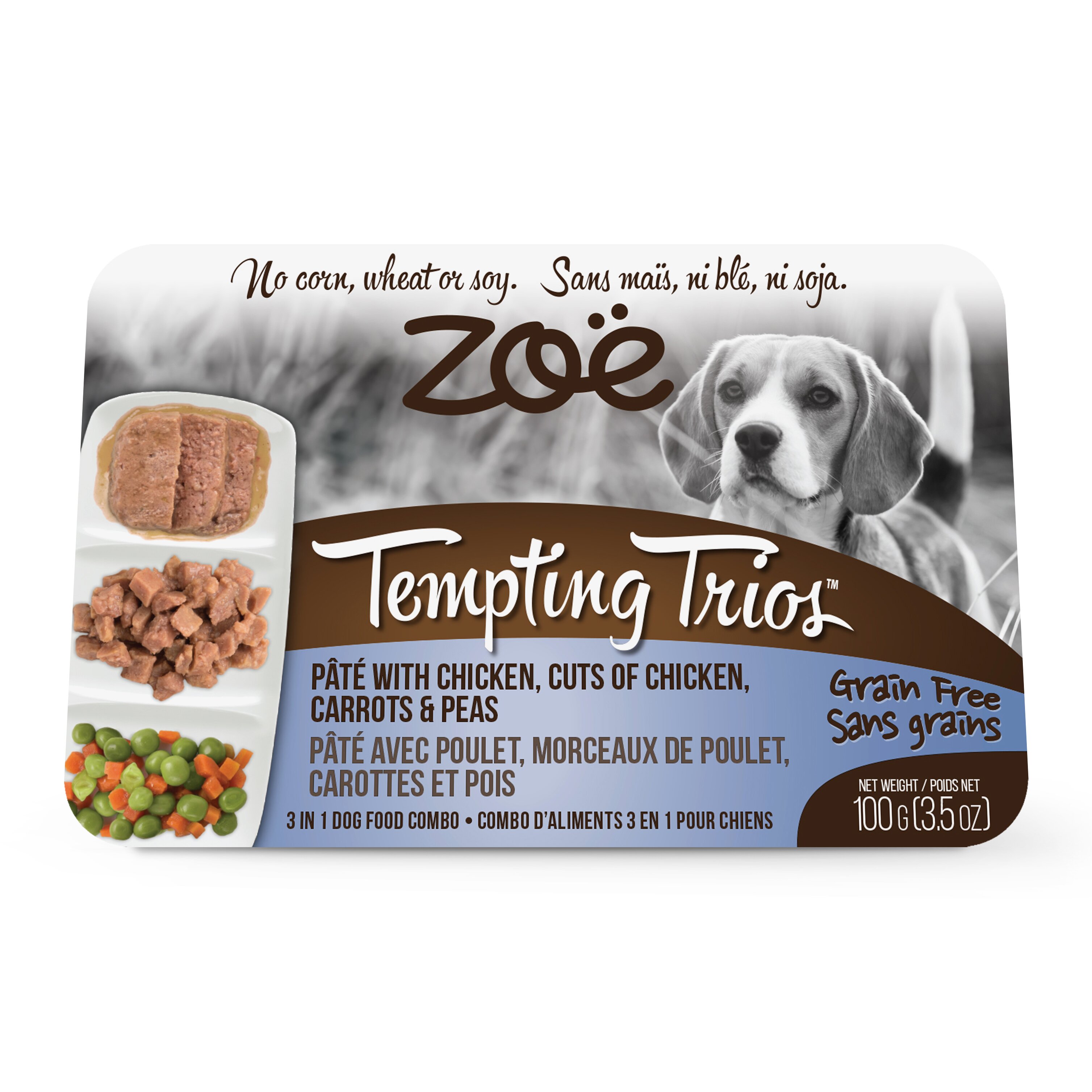 Влажный корм для собак ZOE Tempting Trios 100 г (паштет из курицы с кусочками курицы, морковью и горошком)