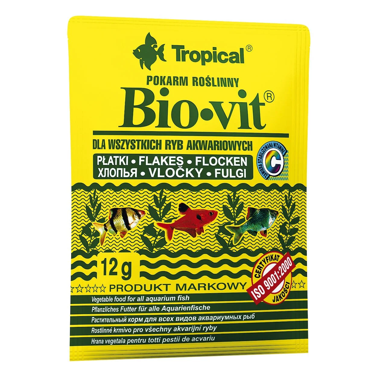 Сухой корм для растительноядных аквариумных рыб Tropical Bio-Vit 12 г - хлопья Сухой корм для растительноядных аквариумных рыб Tropical Bio-Vit 12 г - хлопья