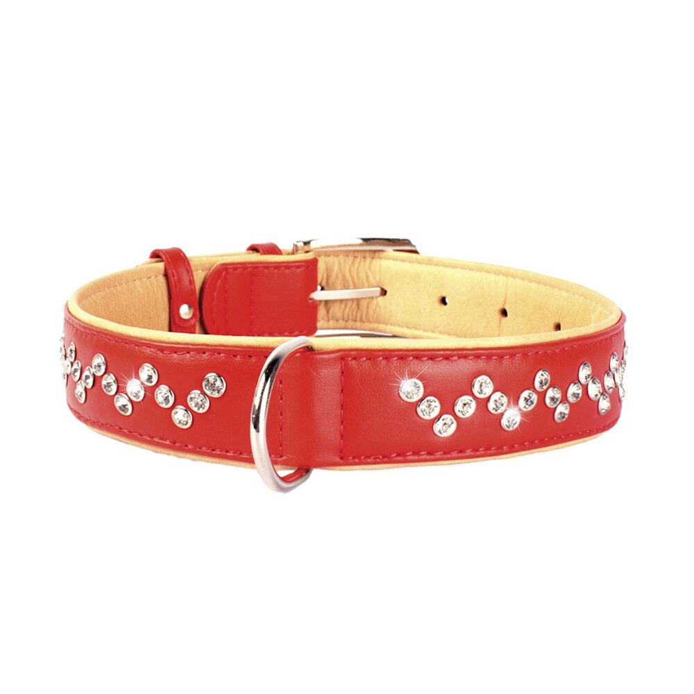 Нашийник Collar шкіряний із стразами у вигляді зигзагу «Brilliance» (Брілліанс) 46-60 см / 35 мм (червоний, синій, чорний)
