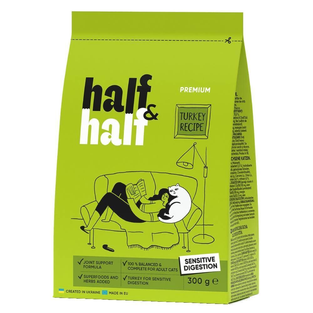 Сухой корм для кошек Half&Half Sensitive Digestion 300 г — индейка + лакомства для кошек Half&Half Meaty Stick 5 г — индейка Сухой корм для кошек Half&Half Sensitive Digestion 300 г — индейка + лакомства для кошек Half&Half Meaty Stick 5 г — индейка