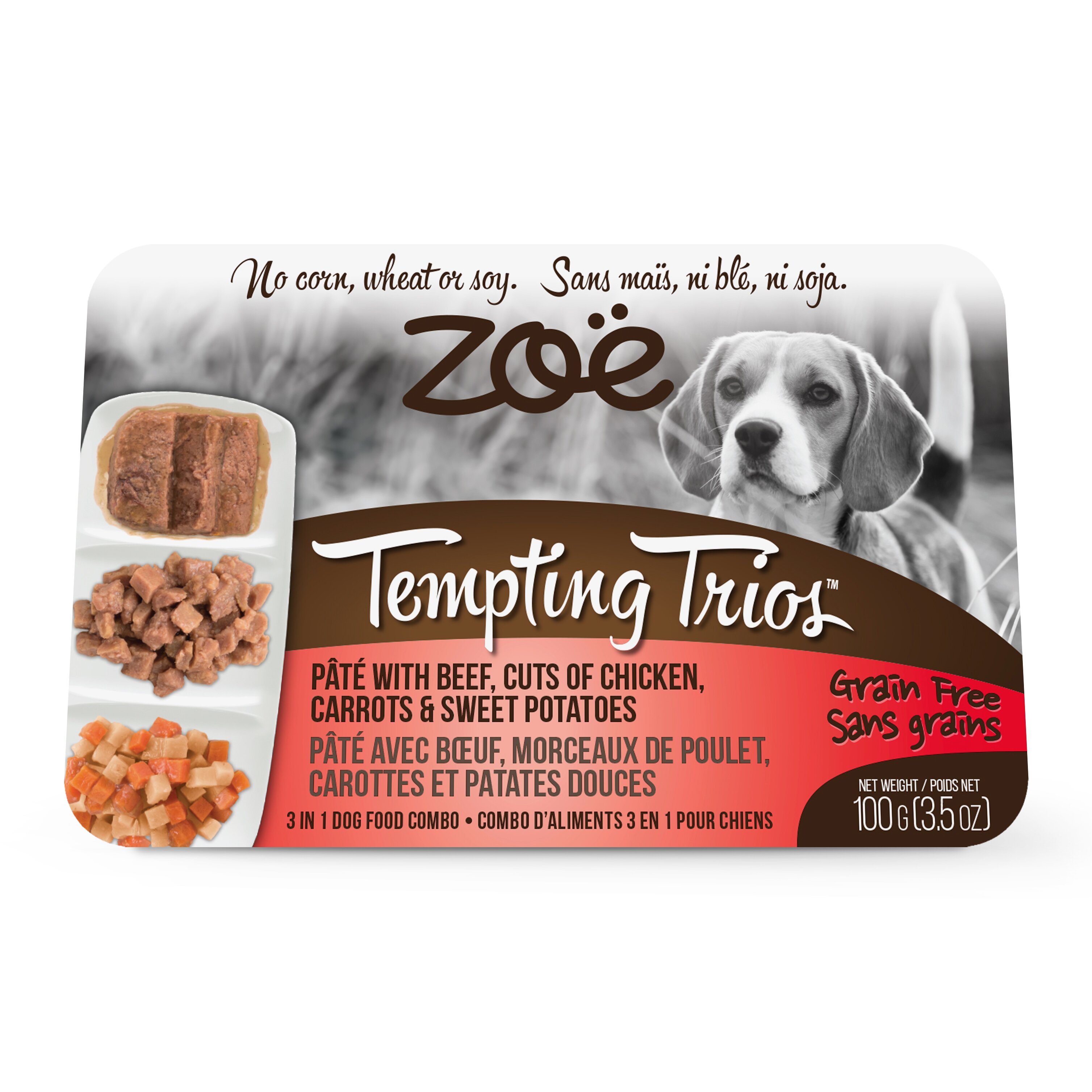 Влажный корм для собак ZOE Tempting Trios 100 г (паштет из говядины с кусочками курицы, морковью и бататом)