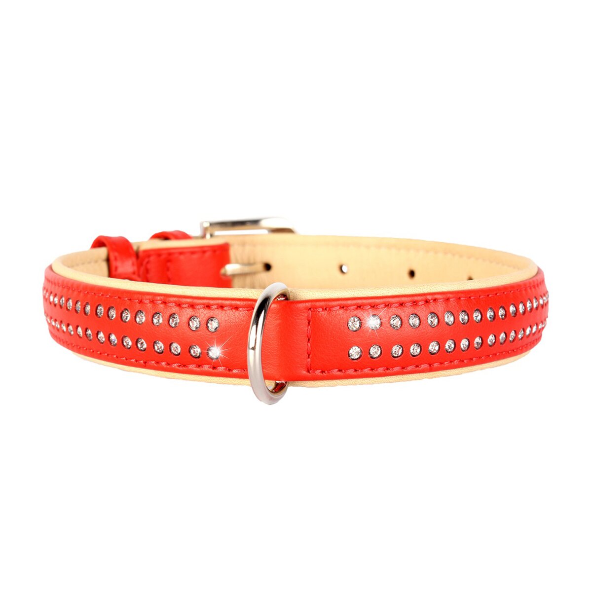 Нашийник Collar шкіряний із стразами в два ряди «Brilliance» (Брілліанс) 38-49 см / 25 мм (червоний)