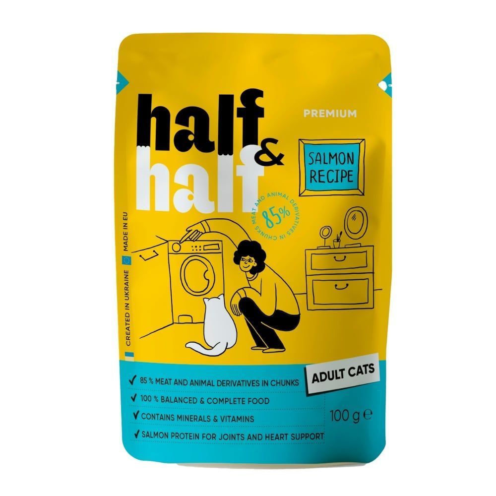 Упаковка вологого корму для котів Half&Half Adult 22 шт х 100 г - лосось