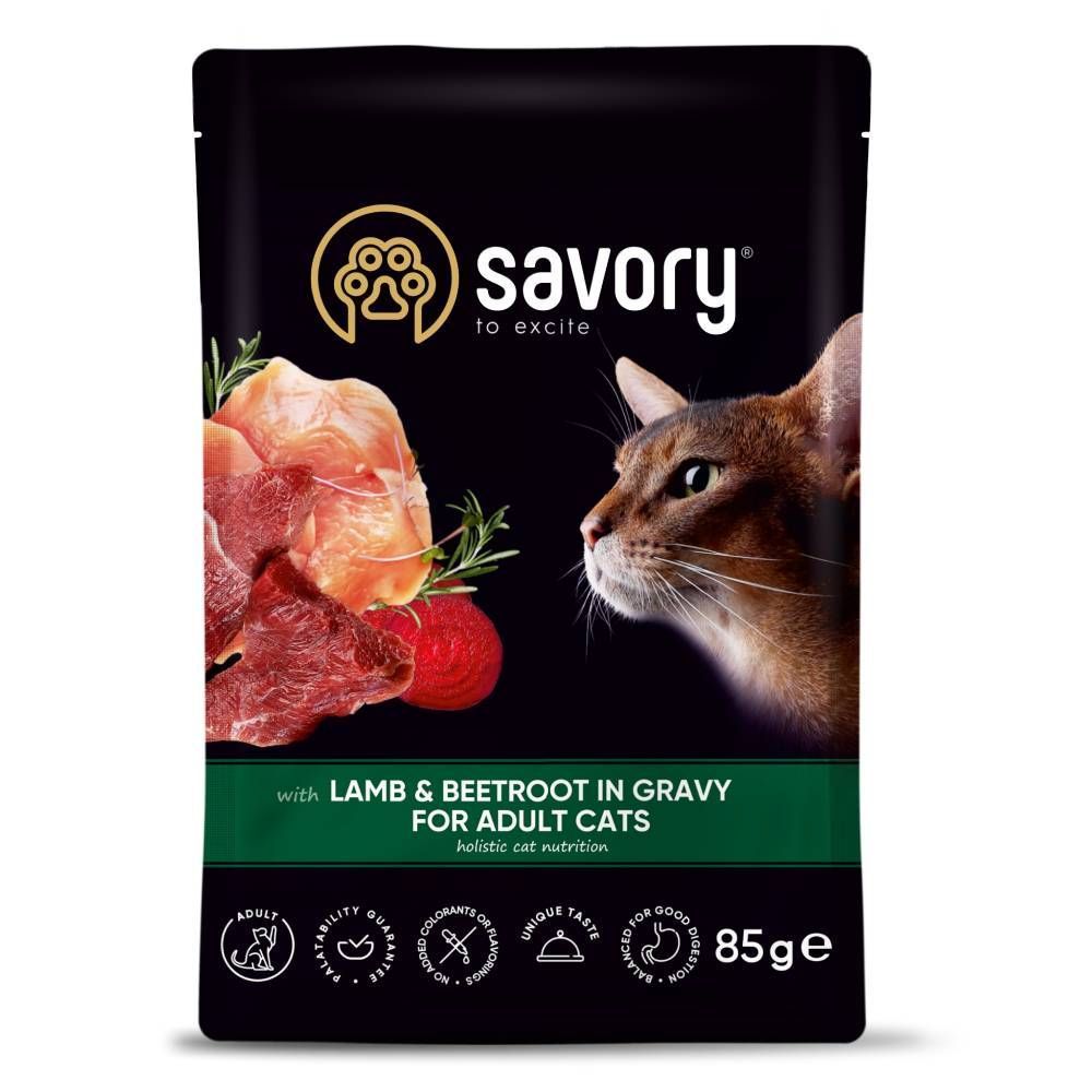 Упаковка вологого корму для котів Savory Adult 3+1 шт х 85 г - ягня та буряк Упаковка вологого корму для котів Savory Adult 3+1 шт х 85 г - ягня та буряк