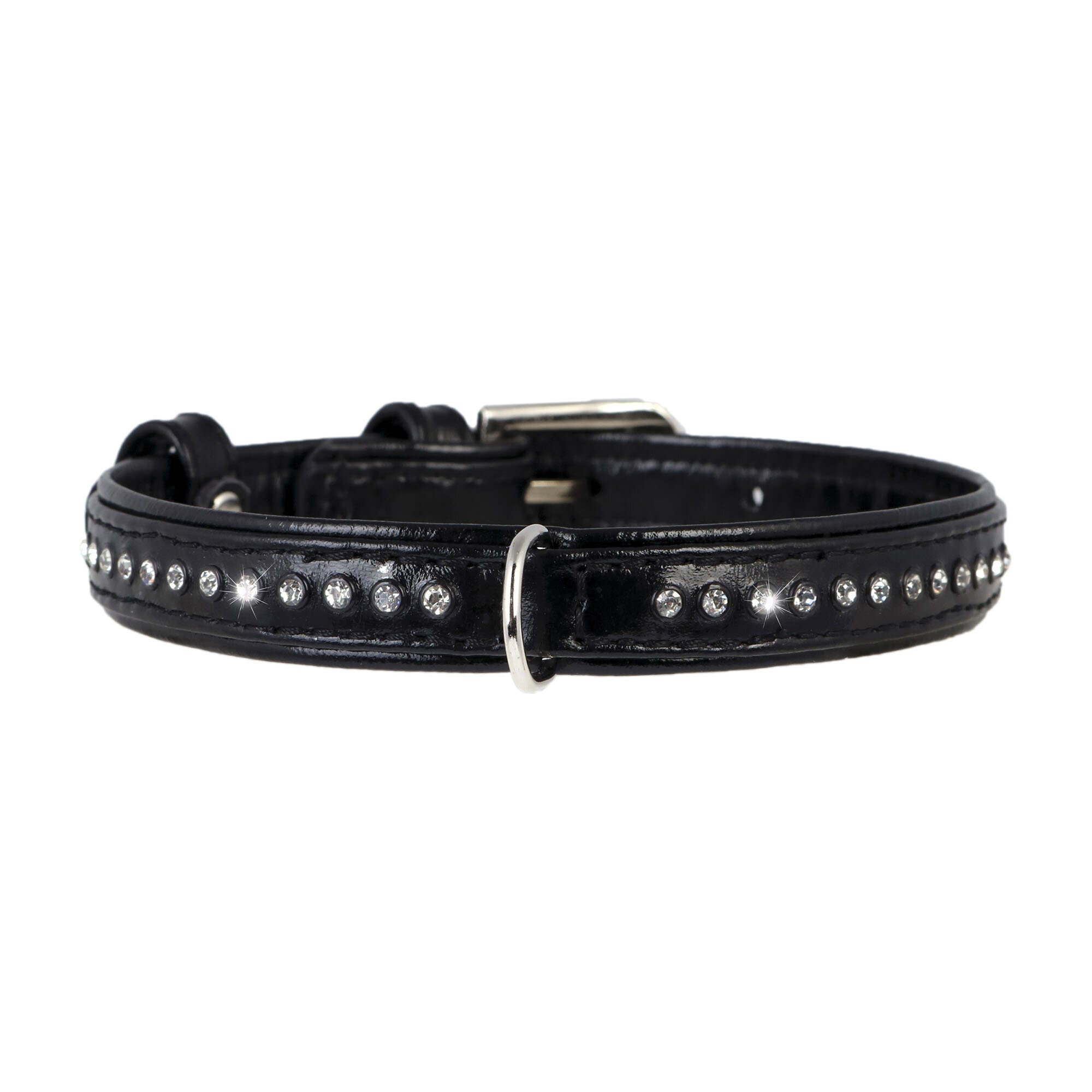 Ошейник Collar кожаный, лакированный, со стразами «Brilliance» (Бриллианс) 27-36 см / 15 мм (черный)