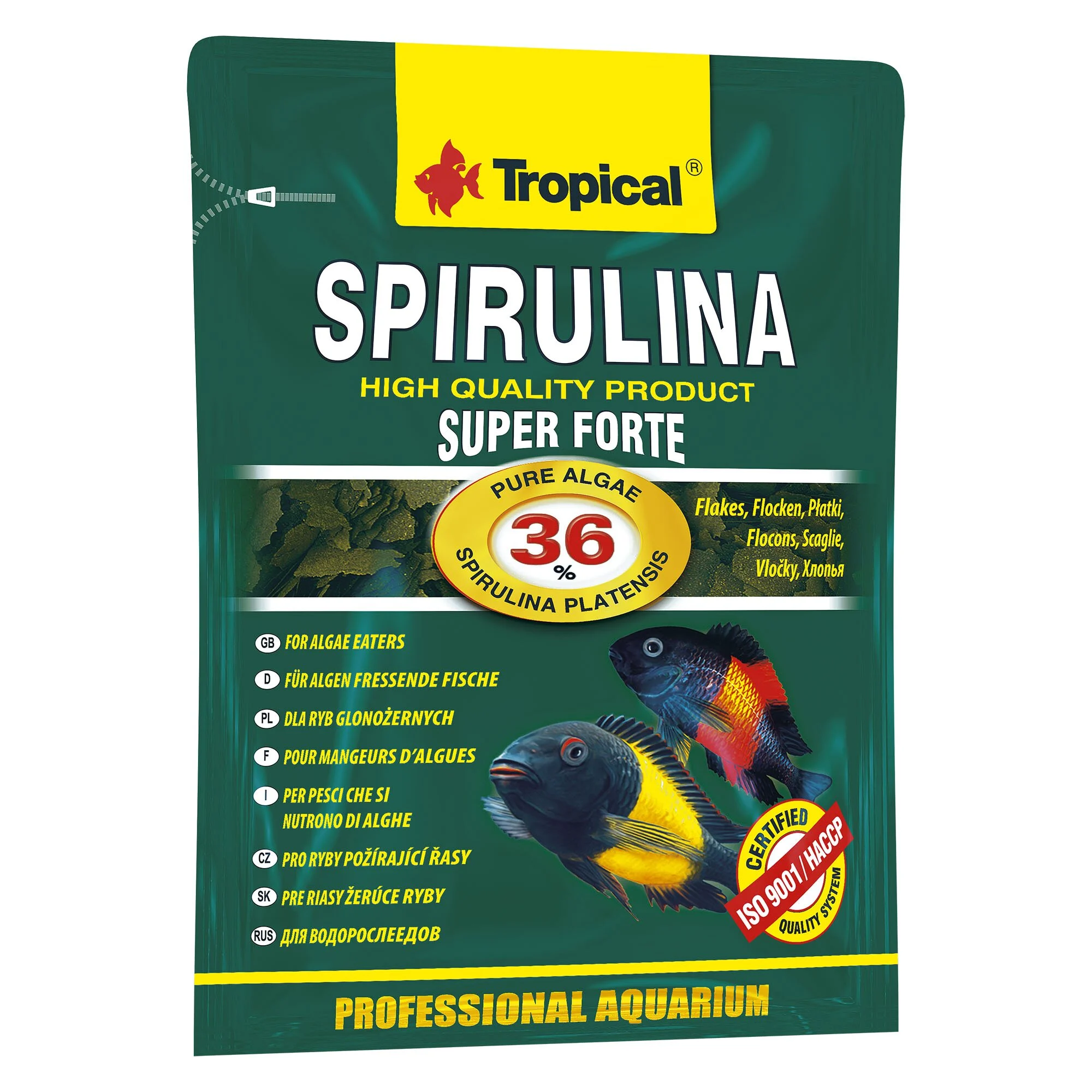 Сухий корм для рослиноїдних африканських акваріумних риб Tropical Super Spirulina Forte 12 г - пластівці Сухий корм для рослиноїдних африканських акваріумних риб Tropical Super Spirulina Forte 12 г - пластівці