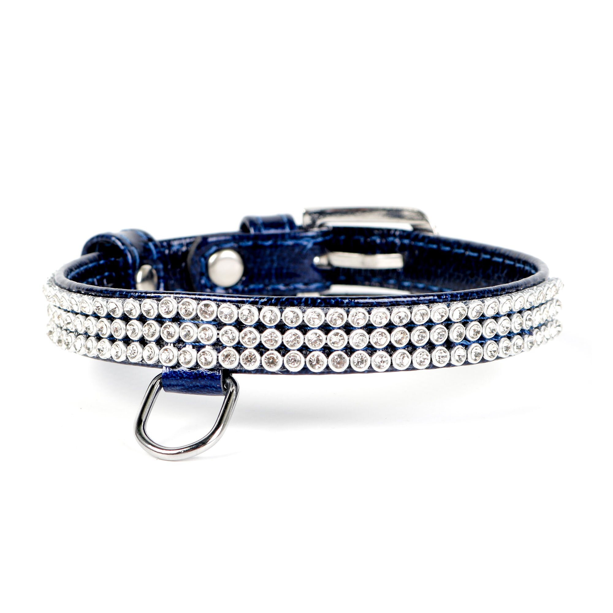 Ошейник Collar кожаный, лакированный, со стразами в три ряда «Brilliance» (Бриллианс) 19-25 см / 9 мм (синий)