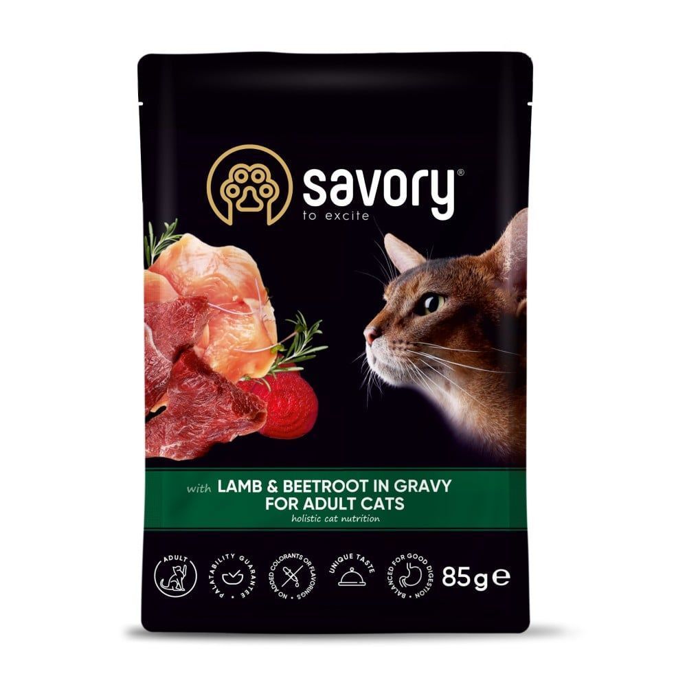 Упаковка влажного корма для кошек Savory Adult 22 шт. х 85 г — ягненок и свекла Упаковка влажного корма для кошек Savory Adult 22 шт. х 85 г — ягненок и свекла