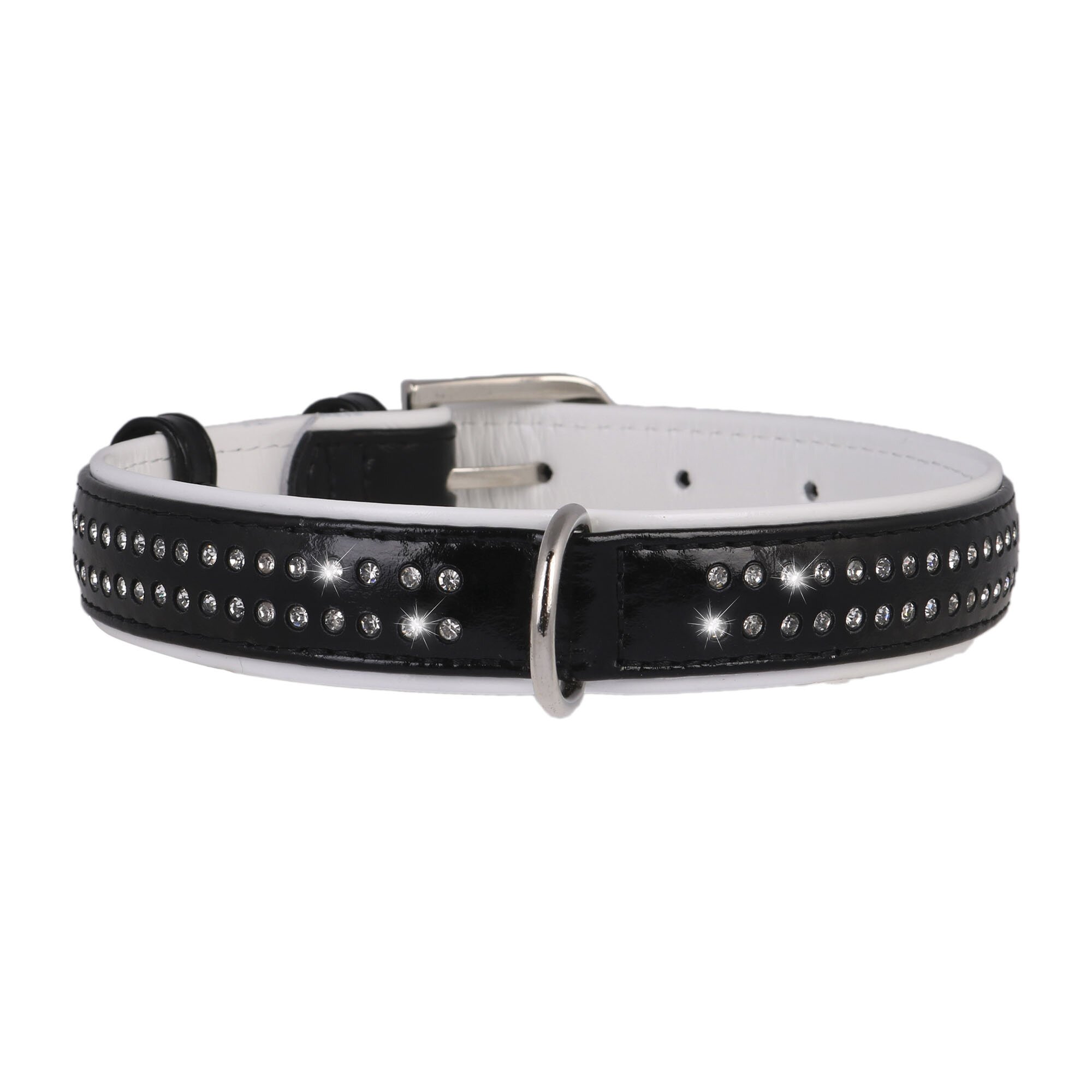 Ошейник Collar кожаный, лакированный, со стразами в два ряда «Brilliance» (Бриллианс) 38-49 см / 25 мм (черно-белый)