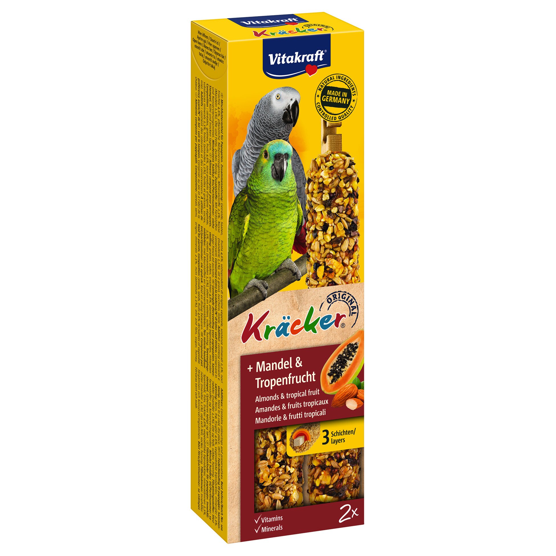 Ласощі для великих папуг Vitakraft «Kracker Original + Almonds & Tropical Fruit» 180 г / 2 шт. (мигдаль та фрукти)