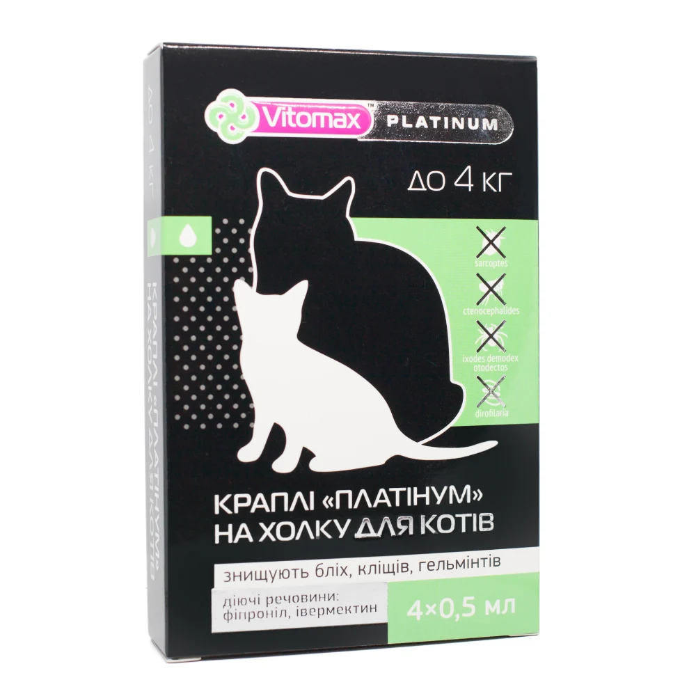 Vitomax Platinum капли на затылок для кошек до 4 кг 4 шт. х 0,5 мл Vitomax Platinum капли на затылок для кошек до 4 кг 4 шт. х 0,5 мл