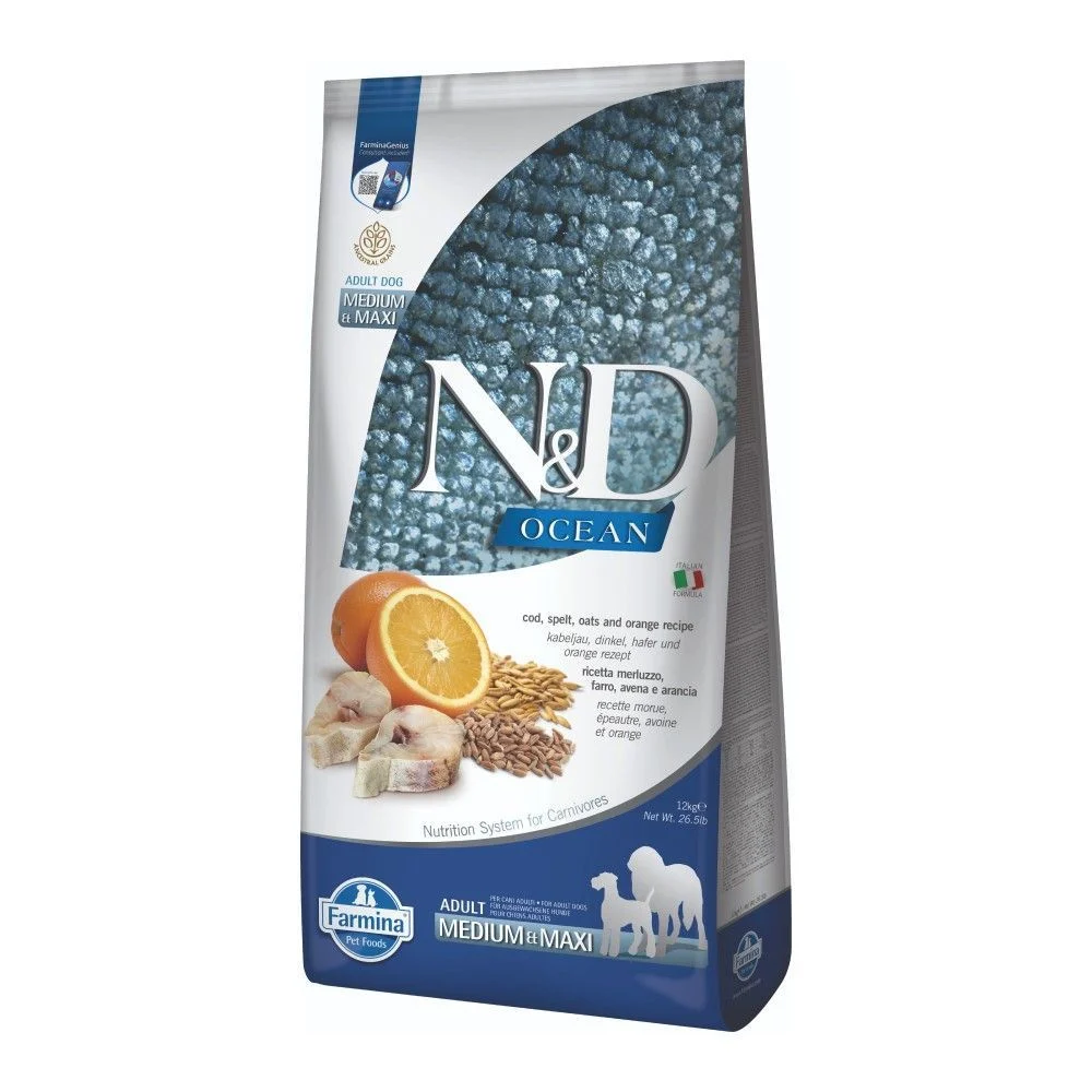 Сухой корм для собак Farmina N&D Low Grain Ocean Medium & Maxi Adult 12 кг - треска, спельта, овес и апельсин Сухой корм для собак Farmina N&D Low Grain Ocean Medium & Maxi Adult 12 кг - треска, спельта, овес и апельсин