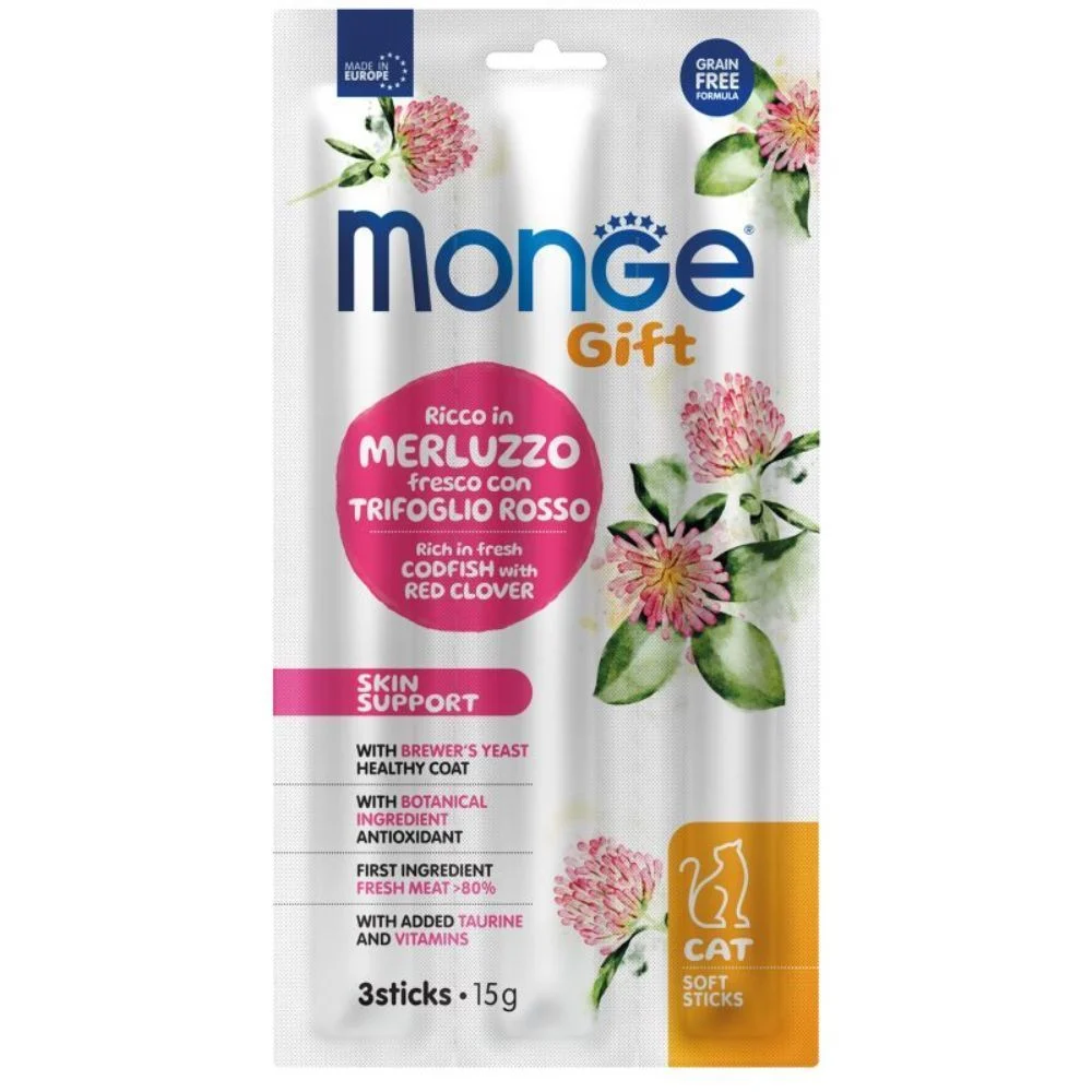 Ласощі для котів Monge Gift Skin Support 15 г - тріска та червона конюшина Ласощі для котів Monge Gift Skin Support 15 г - тріска та червона конюшина