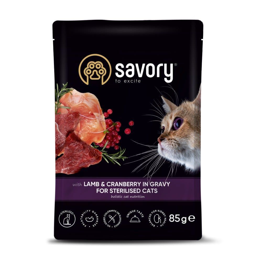 Упаковка вологого корму для котів Savory Sterilized 22 шт х 85 г - ягня та журавлина Упаковка вологого корму для котів Savory Sterilized 22 шт х 85 г - ягня та журавлина