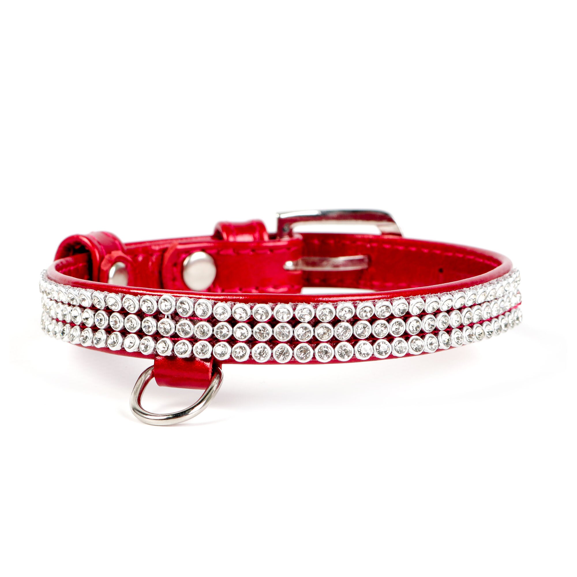 Ошейник Collar кожаный, лакированный, со стразами в три ряда «Brilliance» (Бриллианс) 19-25 см / 9 мм (красный)