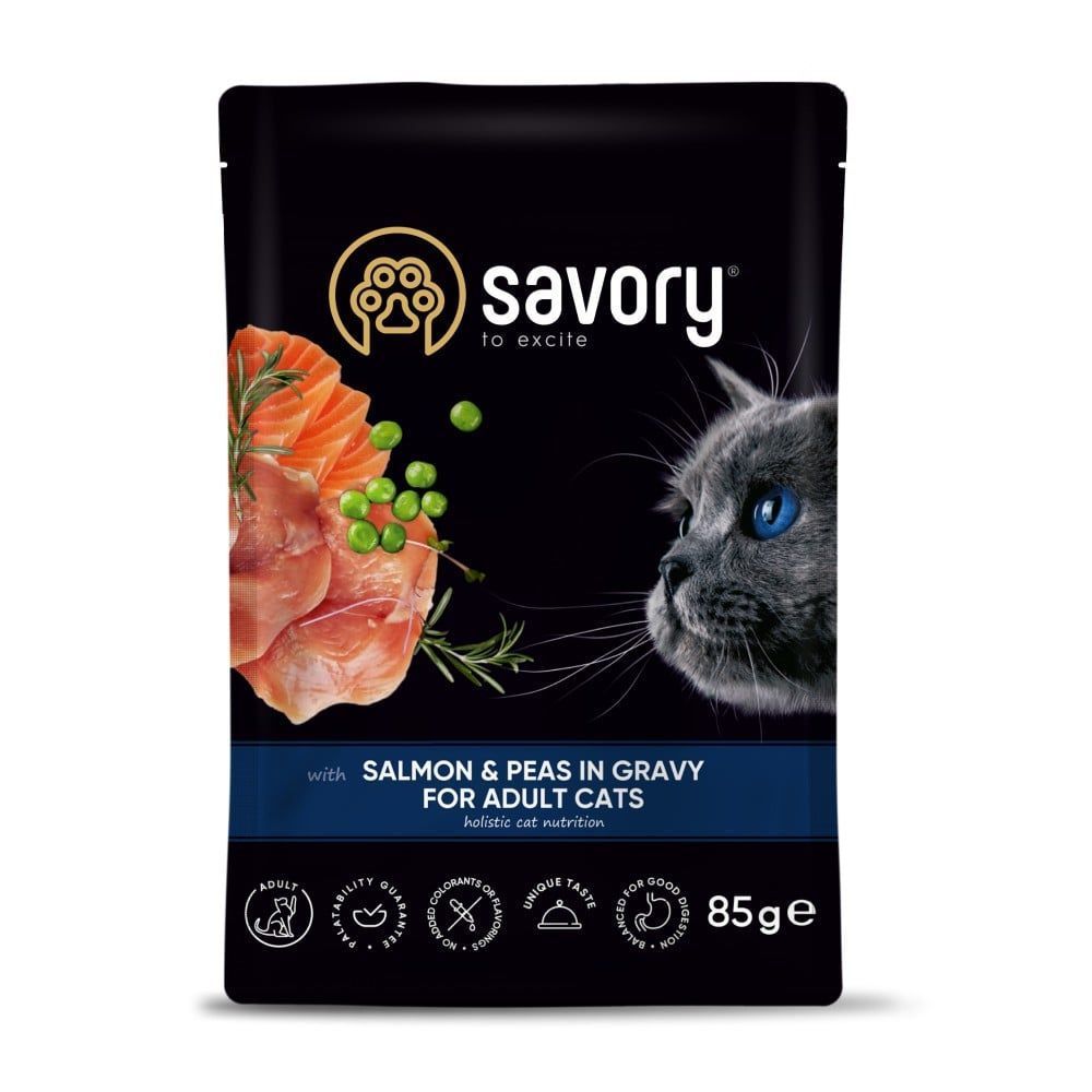 Упаковка вологого корму для котів Savory Adult 22 шт х 85 г - лосось та горошок Упаковка вологого корму для котів Savory Adult 22 шт х 85 г - лосось та горошок