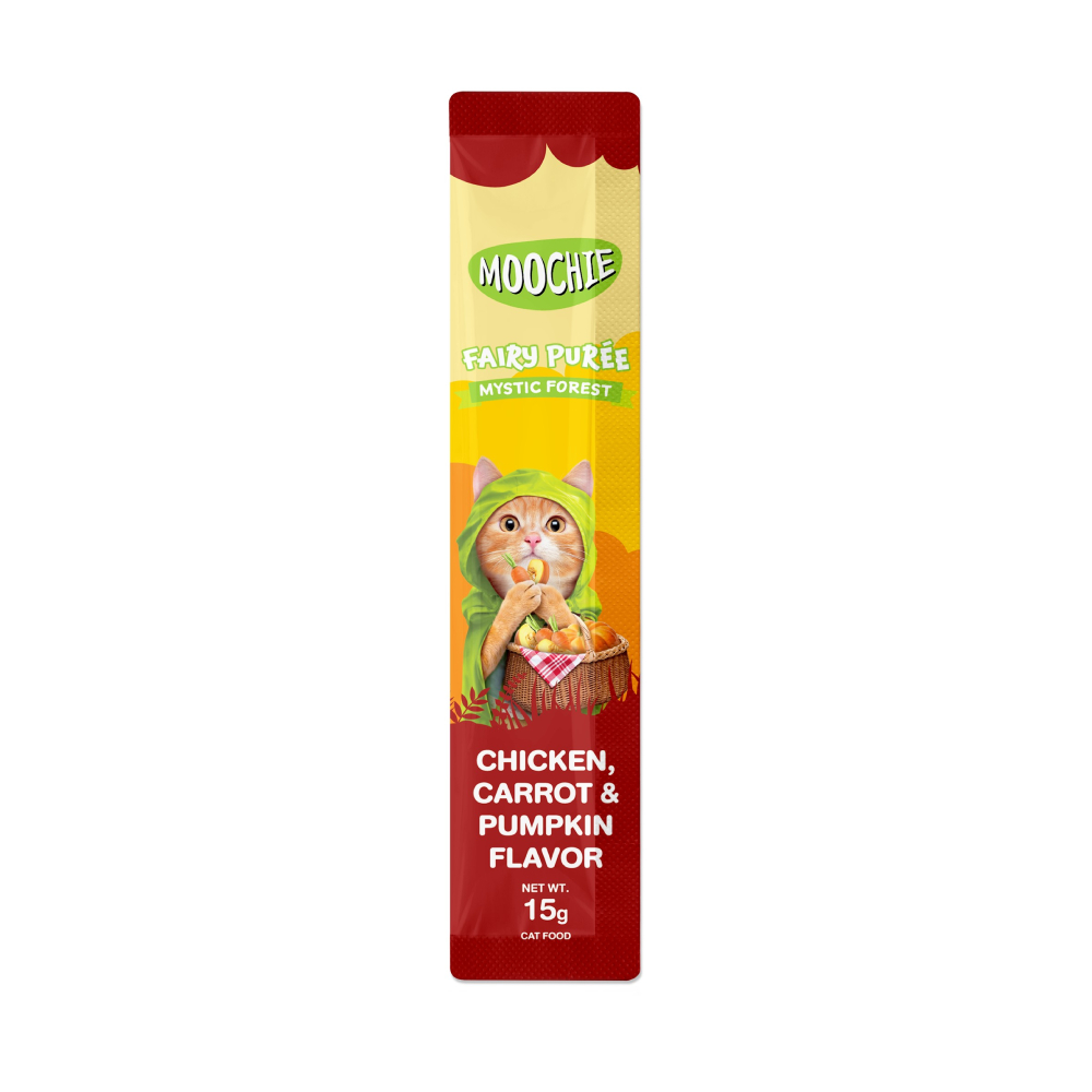 Лакомства для кошек Moochie Fairy Puree 25 шт. х 15 г — курица, морковь и тыква Лакомства для кошек Moochie Fairy Puree 25 шт. х 15 г — курица, морковь и тыква