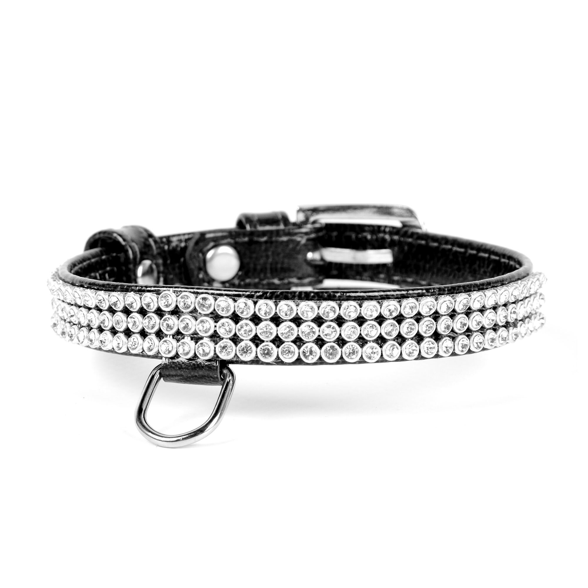 Ошейник Collar кожаный, лакированный, со стразами в три ряда «Brilliance» (Бриллианс) 19-25 см / 9 мм (черный)