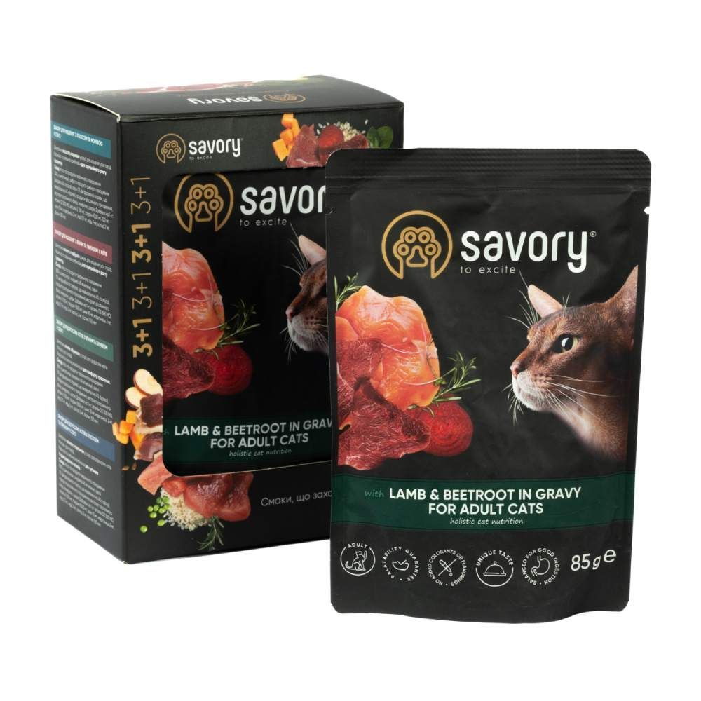 Упаковка вологого корму для котів Savory Adult 3+1 шт х 85 г - ягня та буряк Упаковка вологого корму для котів Savory Adult 3+1 шт х 85 г - ягня та буряк