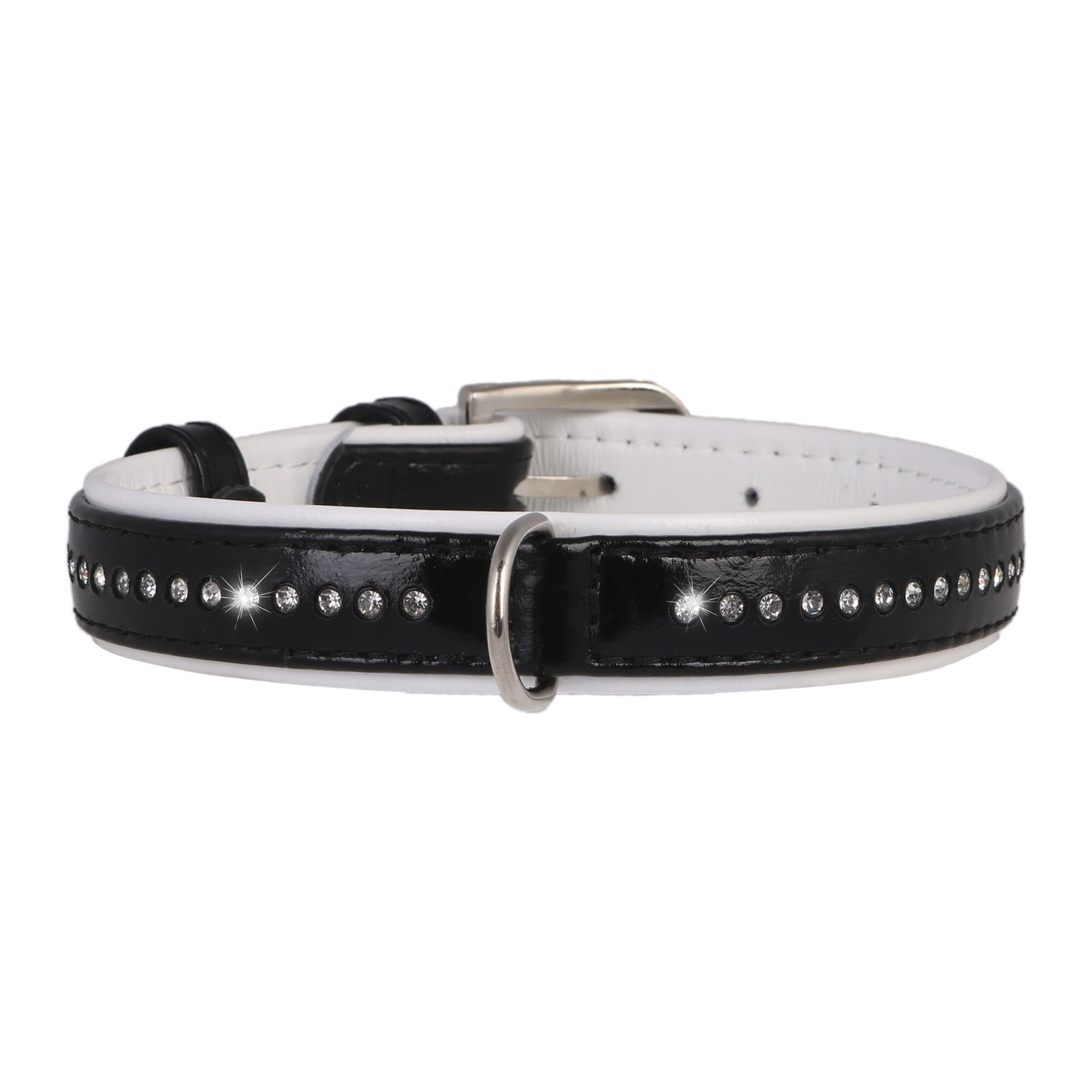 Ошейник Collar кожаный, лакированный, со стразами «Brilliance» (Бриллианс) 30-39 см / 20 мм (черно-белый)